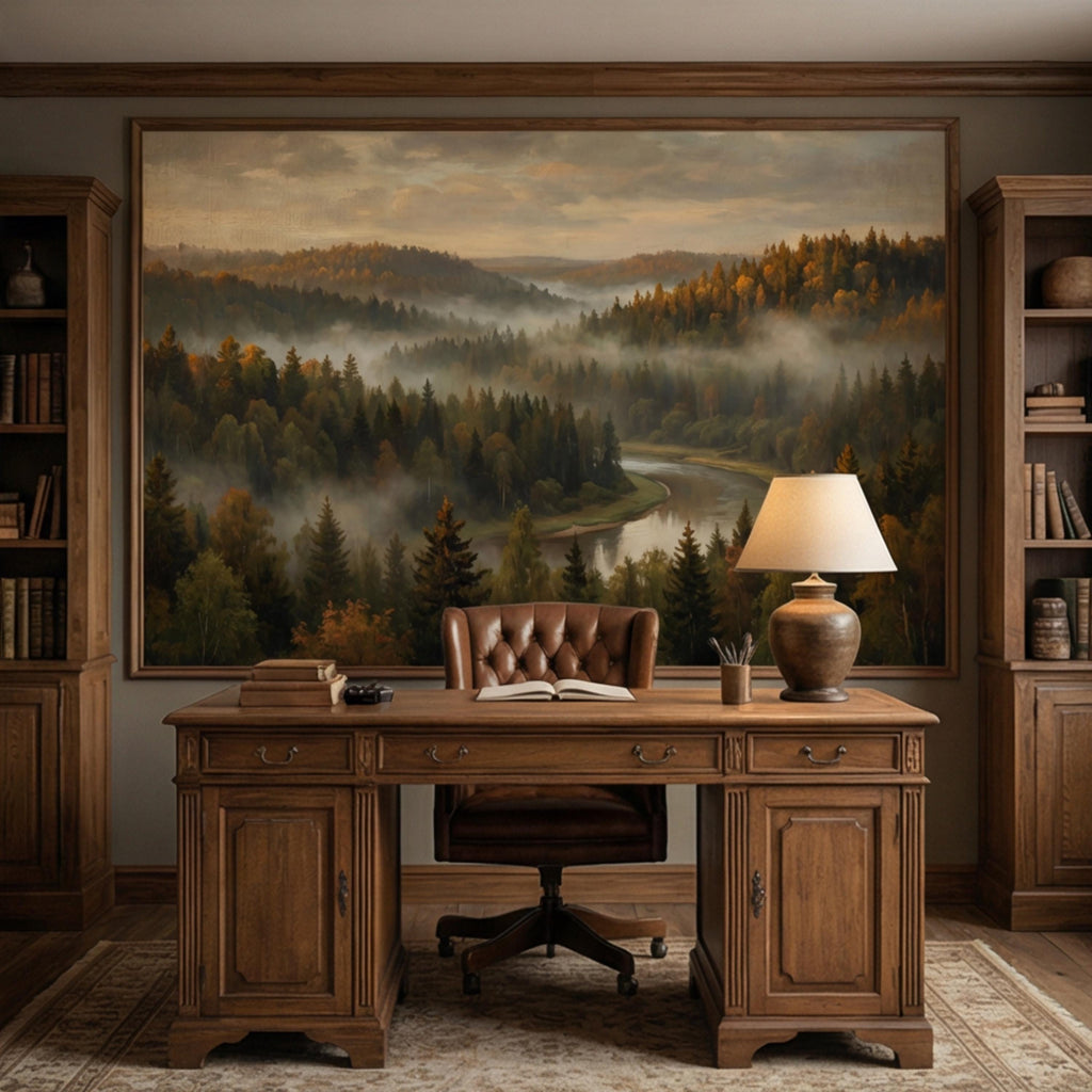 Misty Autumn Forest River Peel and Stick Wall Mural, Moody Foggy Woodland Landscape, Warm Fall Colors Nature Wallpaper