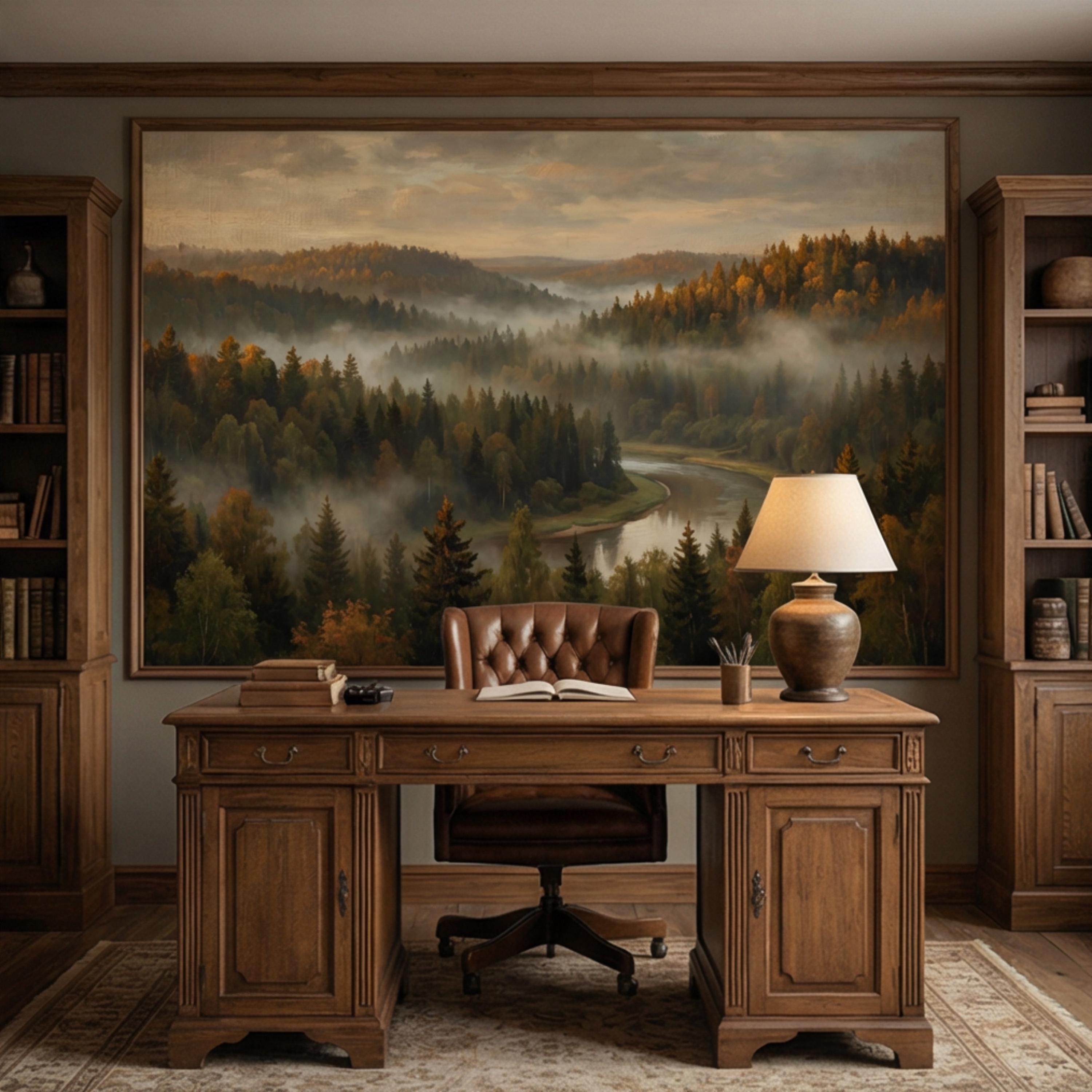 Misty Autumn Forest River Peel and Stick Wall Mural, Moody Foggy Woodland Landscape, Warm Fall Colors Nature Wallpaper