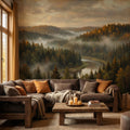 Misty Autumn Forest River Peel and Stick Wall Mural, Moody Foggy Woodland Landscape, Warm Fall Colors Nature Wallpaper