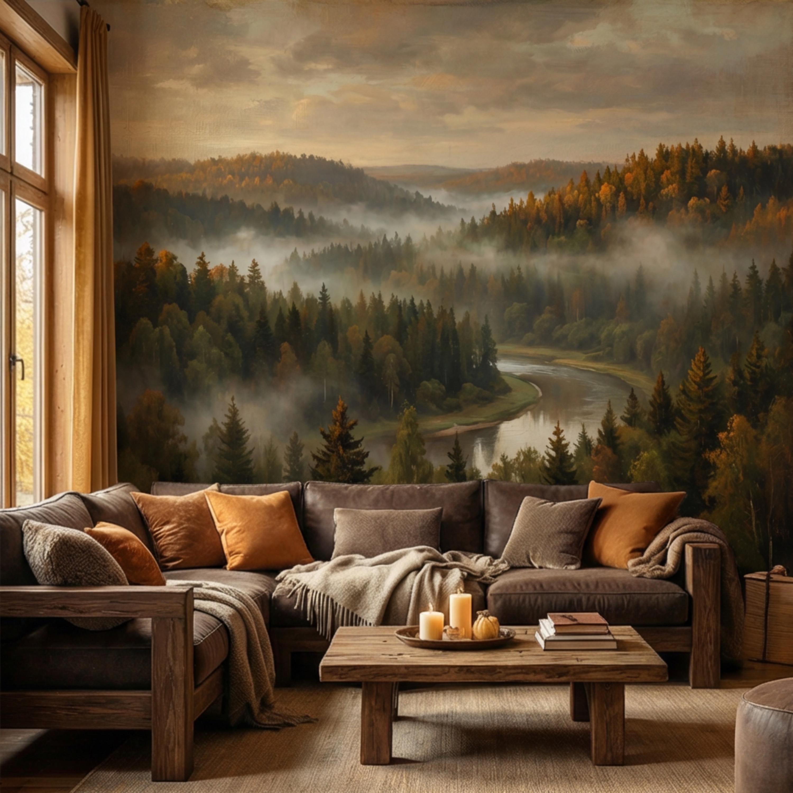 Misty Autumn Forest River Peel and Stick Wall Mural, Moody Foggy Woodland Landscape, Warm Fall Colors Nature Wallpaper