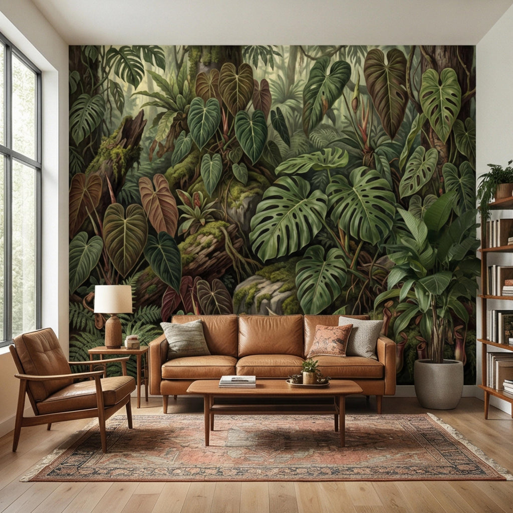 Dark Tropical Peel and Stick Wall Mural, Monstera Jungle Wallpaper, Lush Rainforest Botanical Leaves, Moody Green Wall Decor