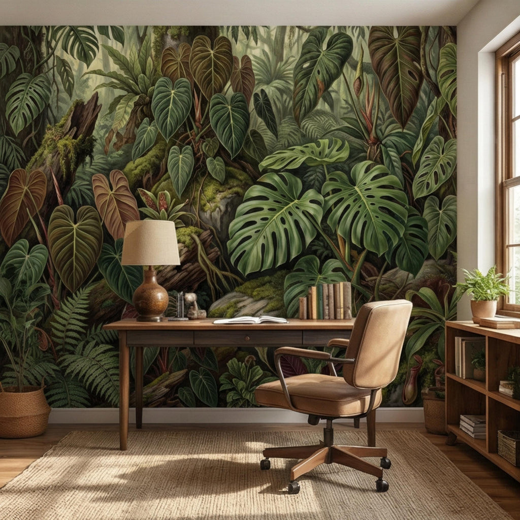 Dark Tropical Peel and Stick Wall Mural, Monstera Jungle Wallpaper, Lush Rainforest Botanical Leaves, Moody Green Wall Decor