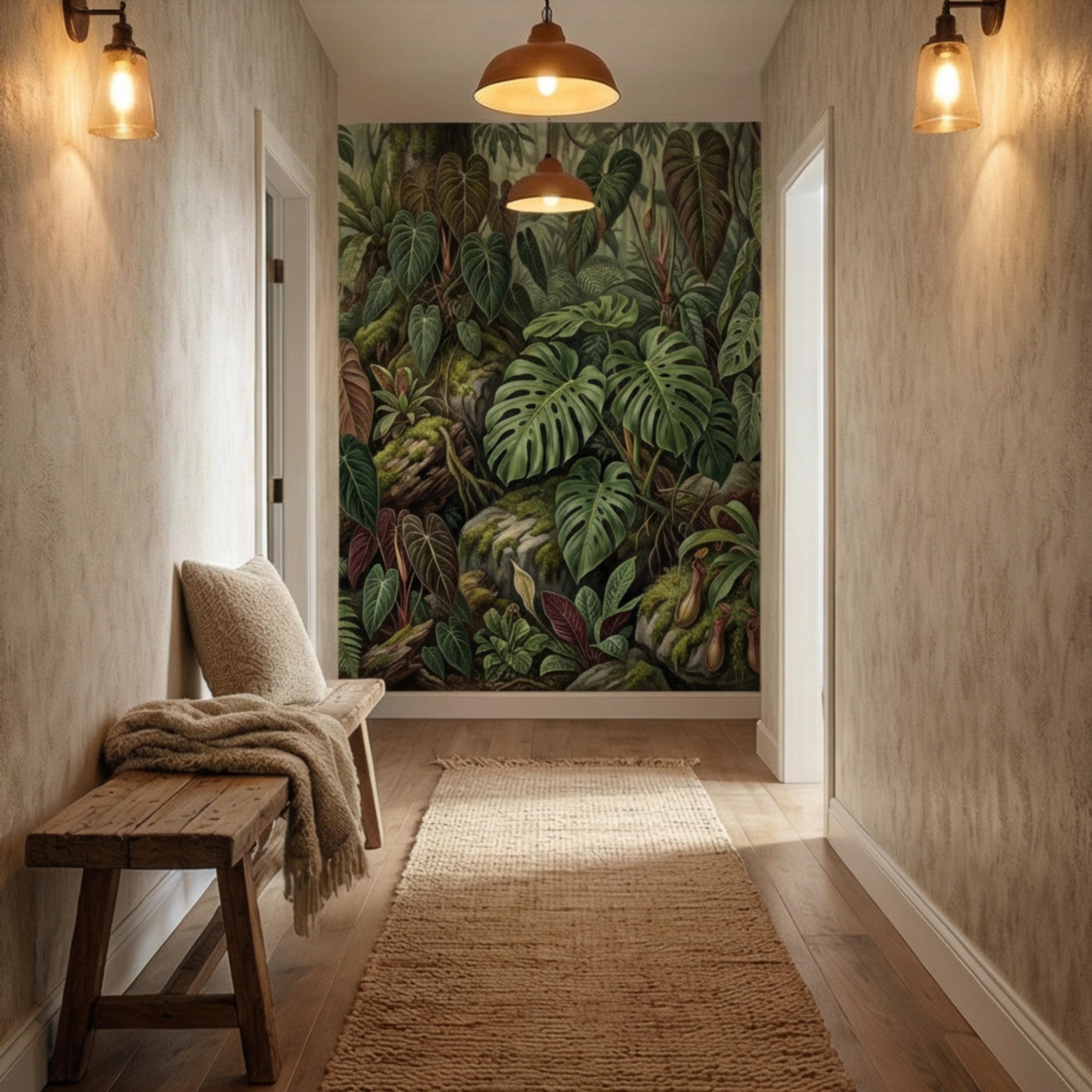 Dark Tropical Peel and Stick Wall Mural, Monstera Jungle Wallpaper, Lush Rainforest Botanical Leaves, Moody Green Wall Decor