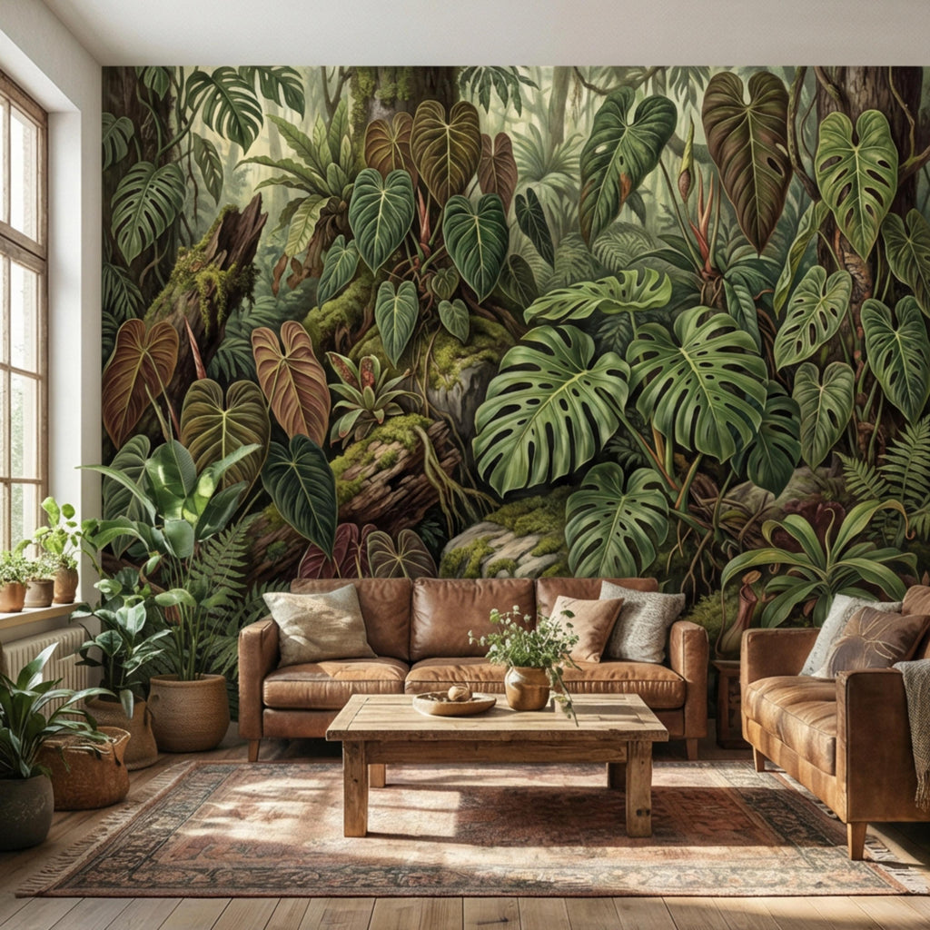 Dark Tropical Peel and Stick Wall Mural, Monstera Jungle Wallpaper, Lush Rainforest Botanical Leaves, Moody Green Wall Decor