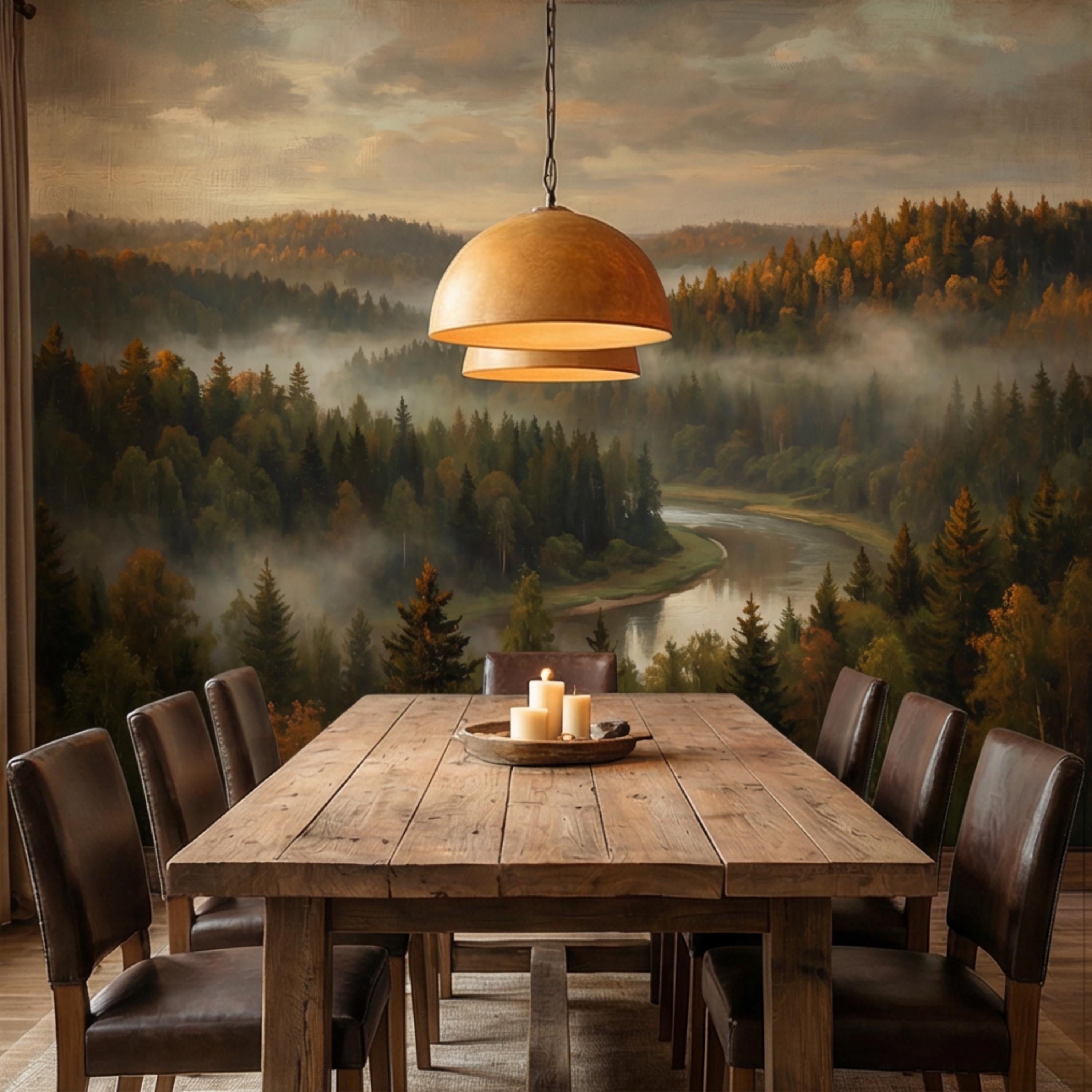 Misty Autumn Forest River Peel and Stick Wall Mural, Moody Foggy Woodland Landscape, Warm Fall Colors Nature Wallpaper