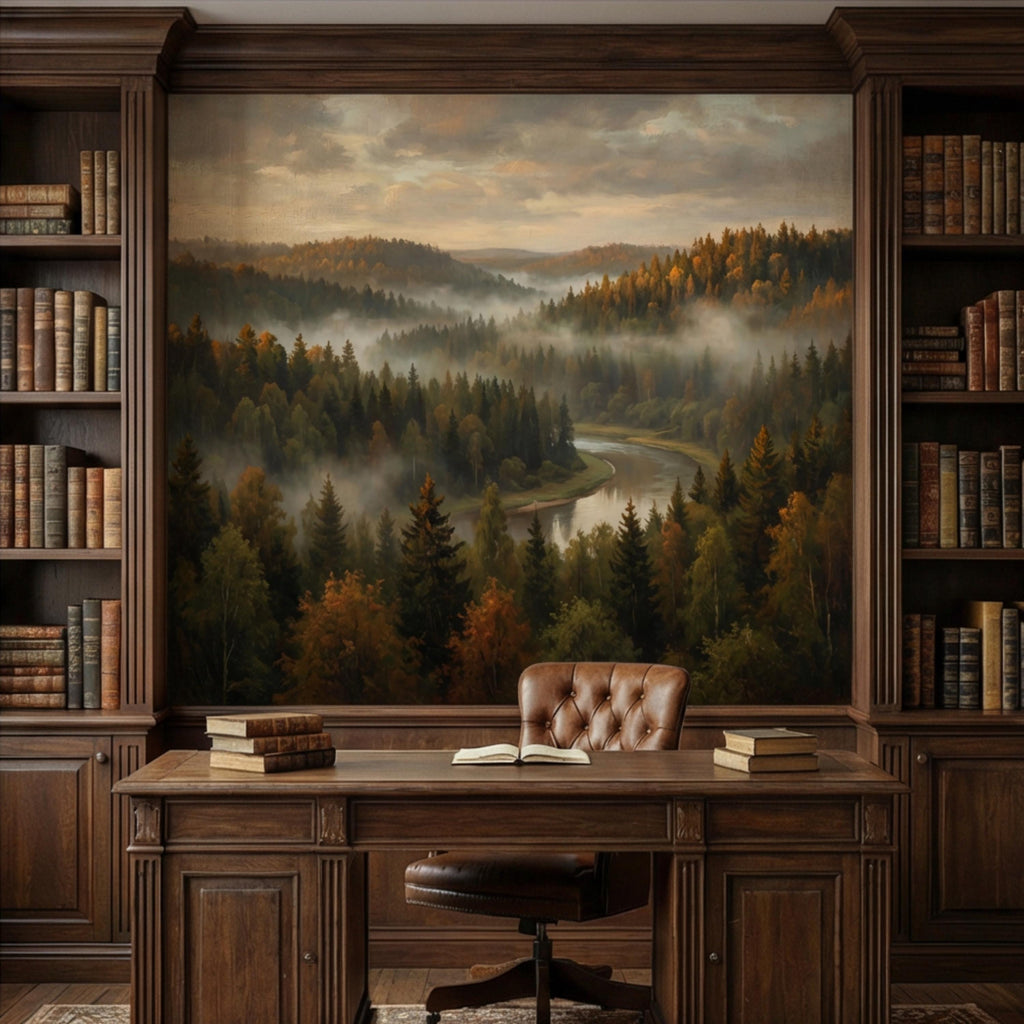 Misty Autumn Forest River Peel and Stick Wall Mural, Moody Foggy Woodland Landscape, Warm Fall Colors Nature Wallpaper