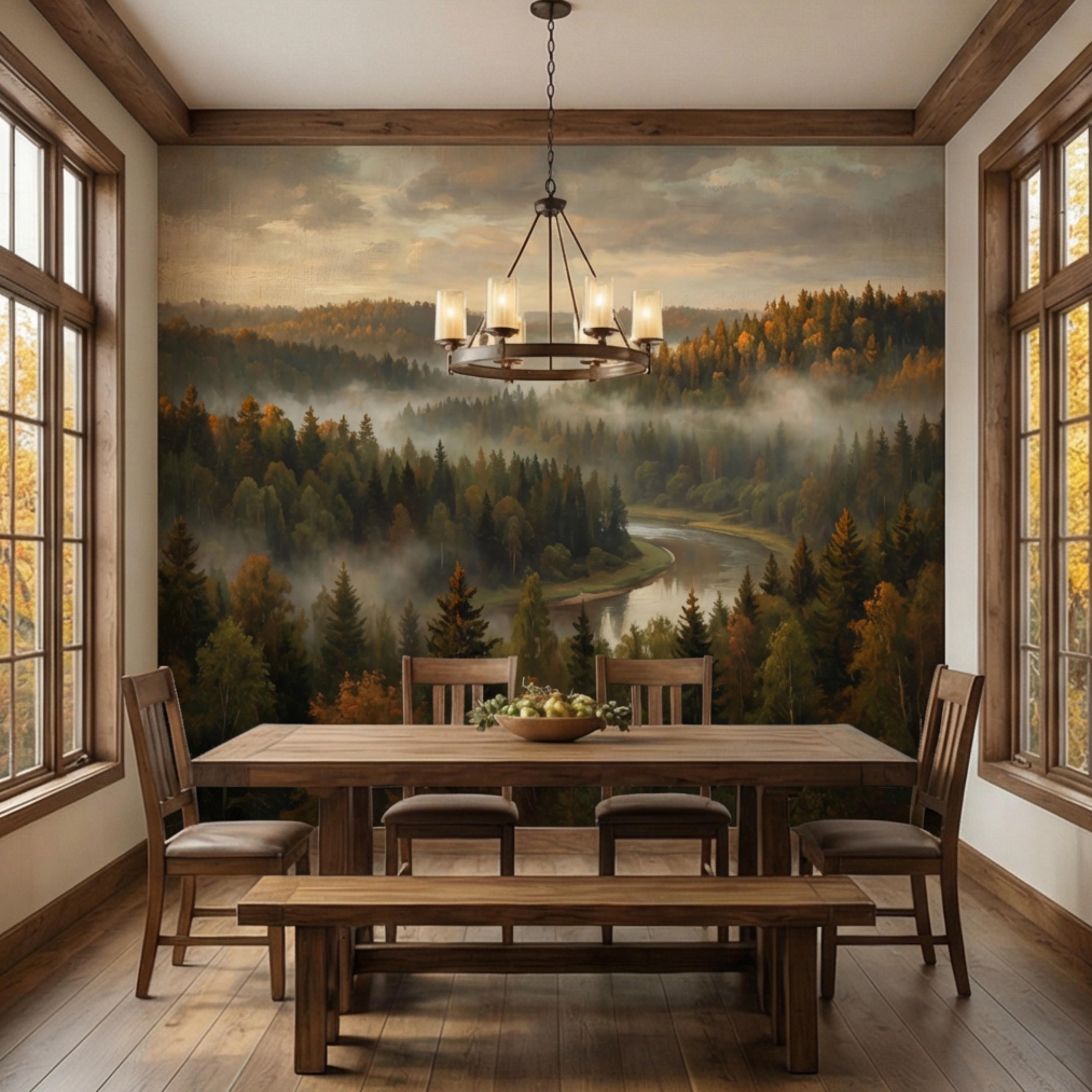 Misty Autumn Forest River Peel and Stick Wall Mural, Moody Foggy Woodland Landscape, Warm Fall Colors Nature Wallpaper