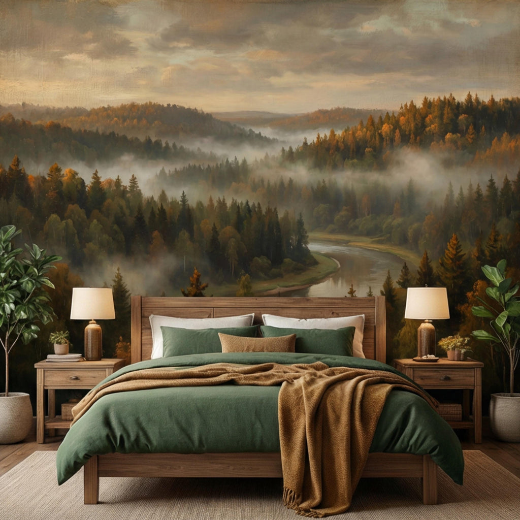 Misty Autumn Forest River Peel and Stick Wall Mural, Moody Foggy Woodland Landscape, Warm Fall Colors Nature Wallpaper