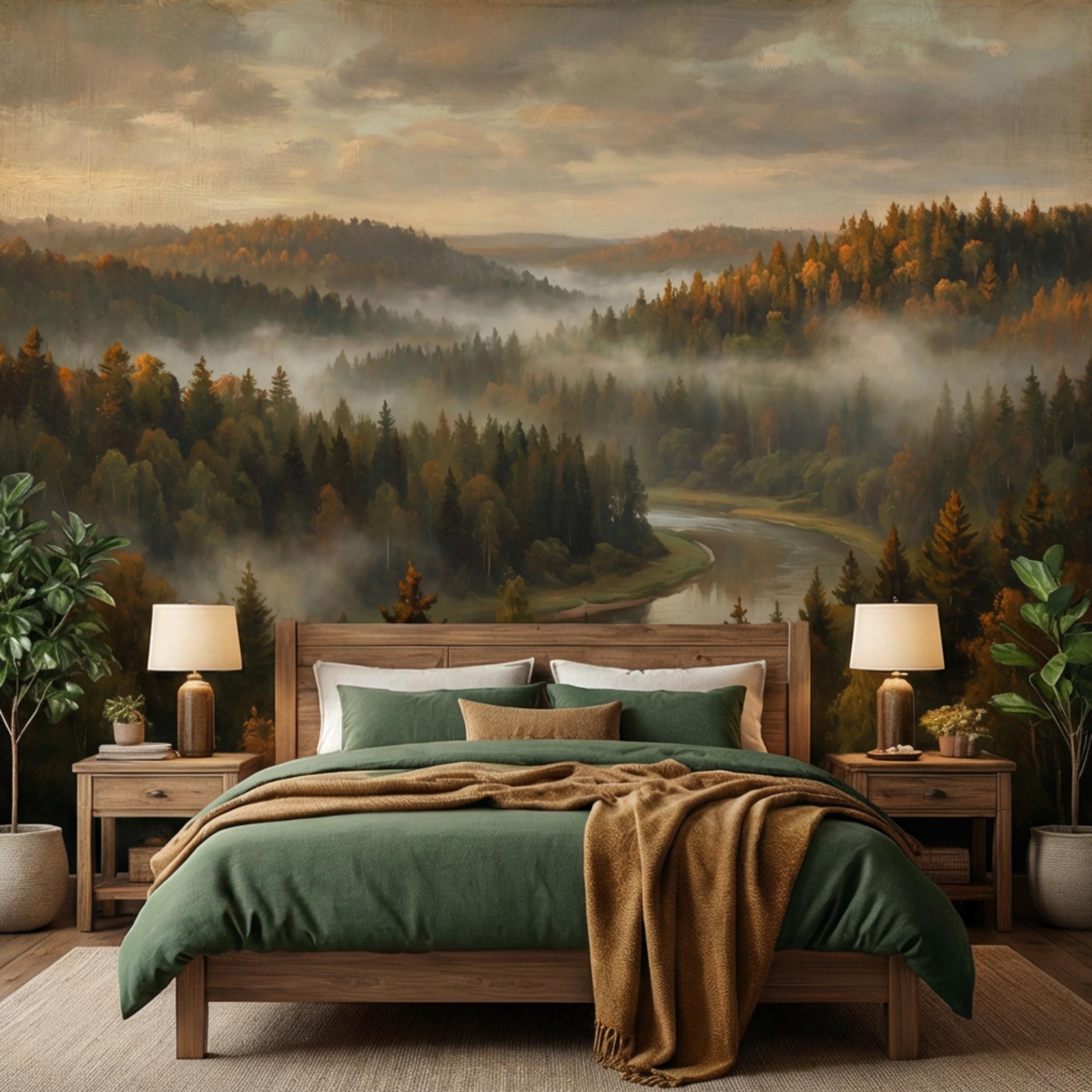 Misty Autumn Forest River Peel and Stick Wall Mural, Moody Foggy Woodland Landscape, Warm Fall Colors Nature Wallpaper