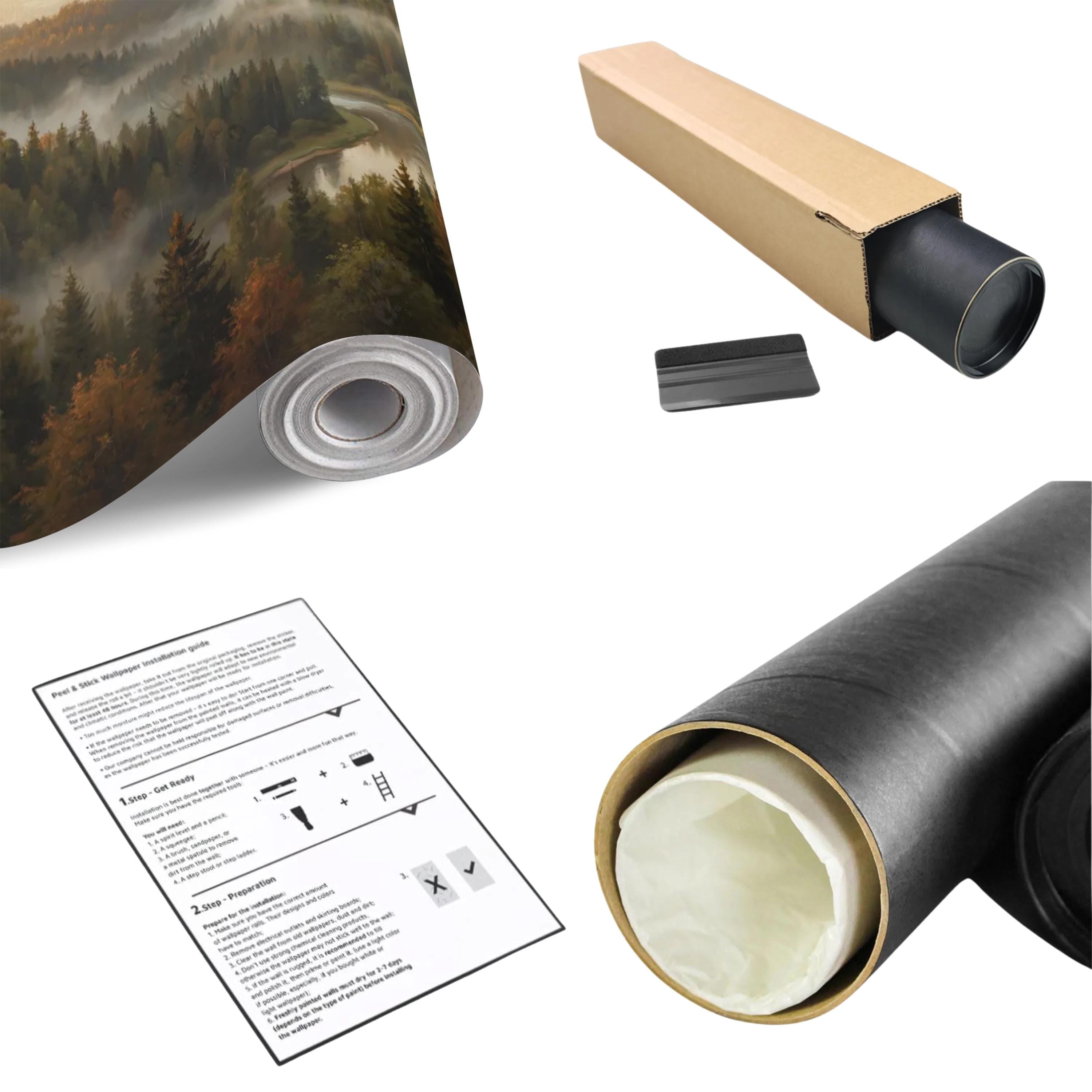 Misty Autumn Forest River Peel and Stick Wall Mural, Moody Foggy Woodland Landscape, Warm Fall Colors Nature Wallpaper