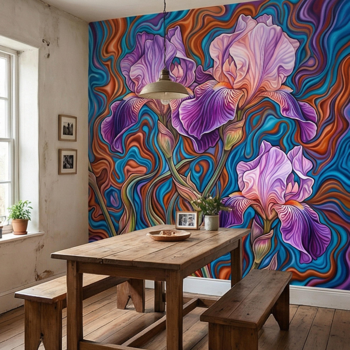 Iris floral wall mural in purple and pink with bright teal and orange swirl details.