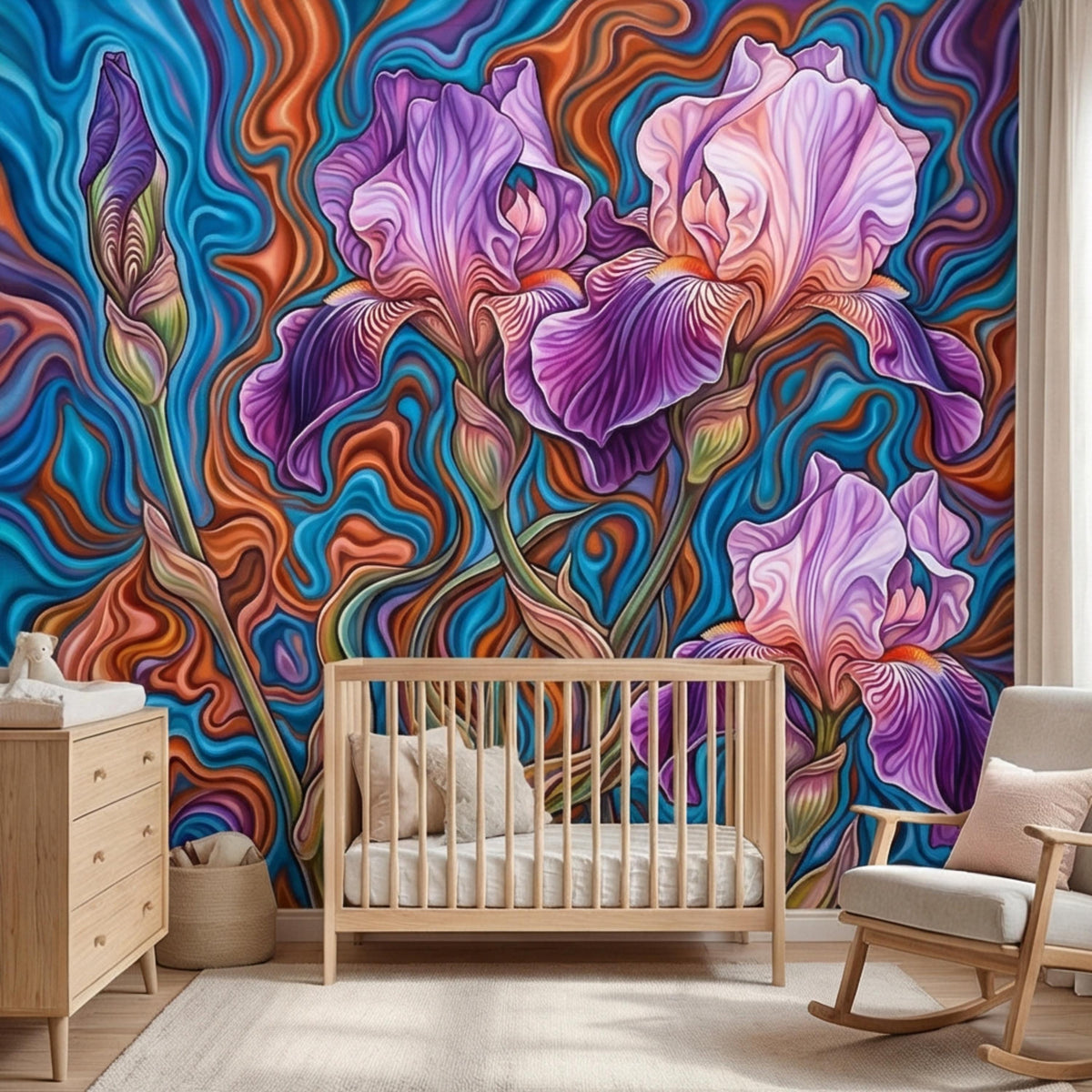 Iris wall decor mural showing purple and pale pink flowers over colorful swirling lines.