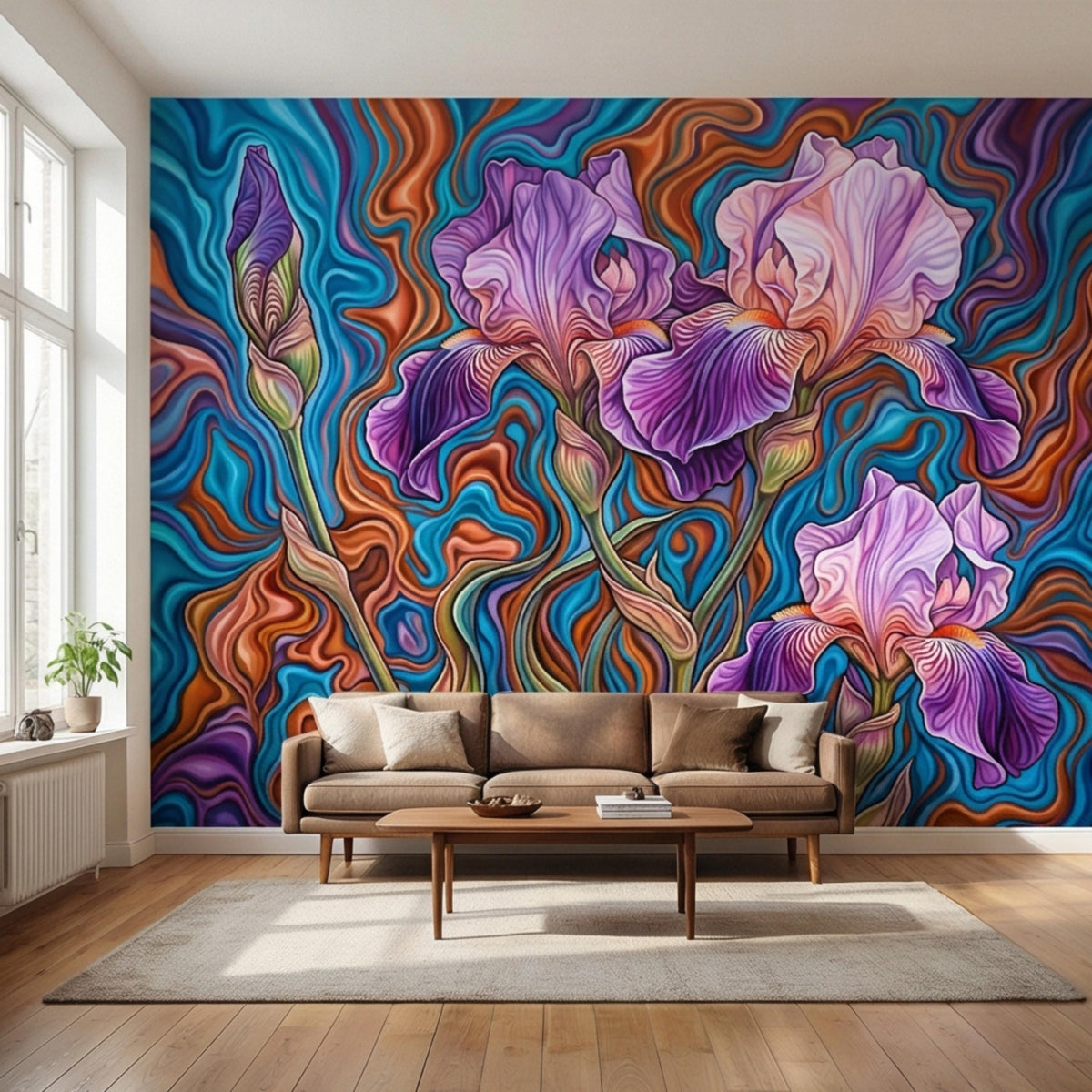 Large iris wall mural featuring purple and pink flowers with vivid swirl patterns.