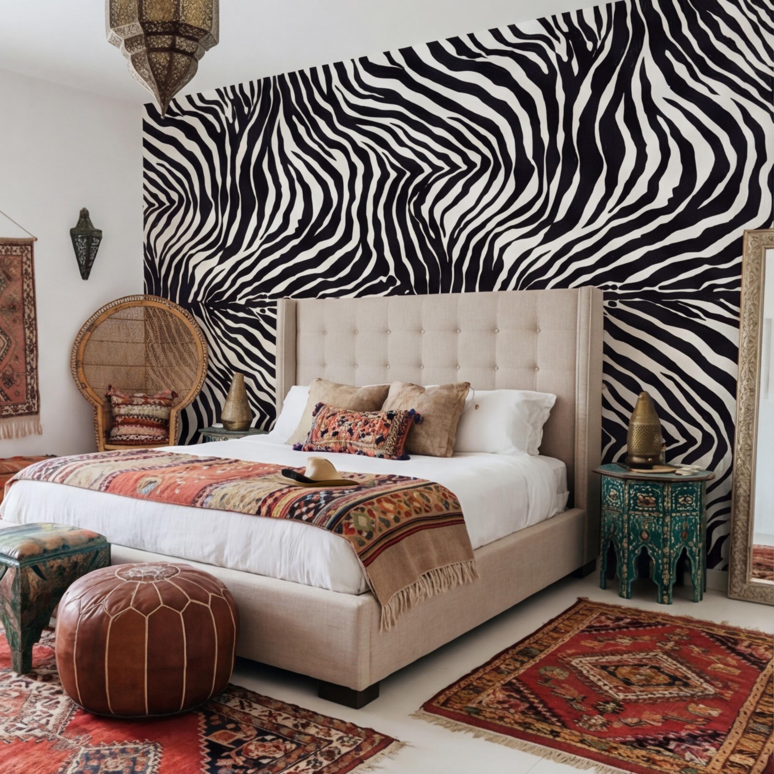 Modern Zebra Print Peel and Stick Wall Mural, Black and White Animal Stripe Pattern, Bold Safari Statement Wall Decor, Bedroom Living Room