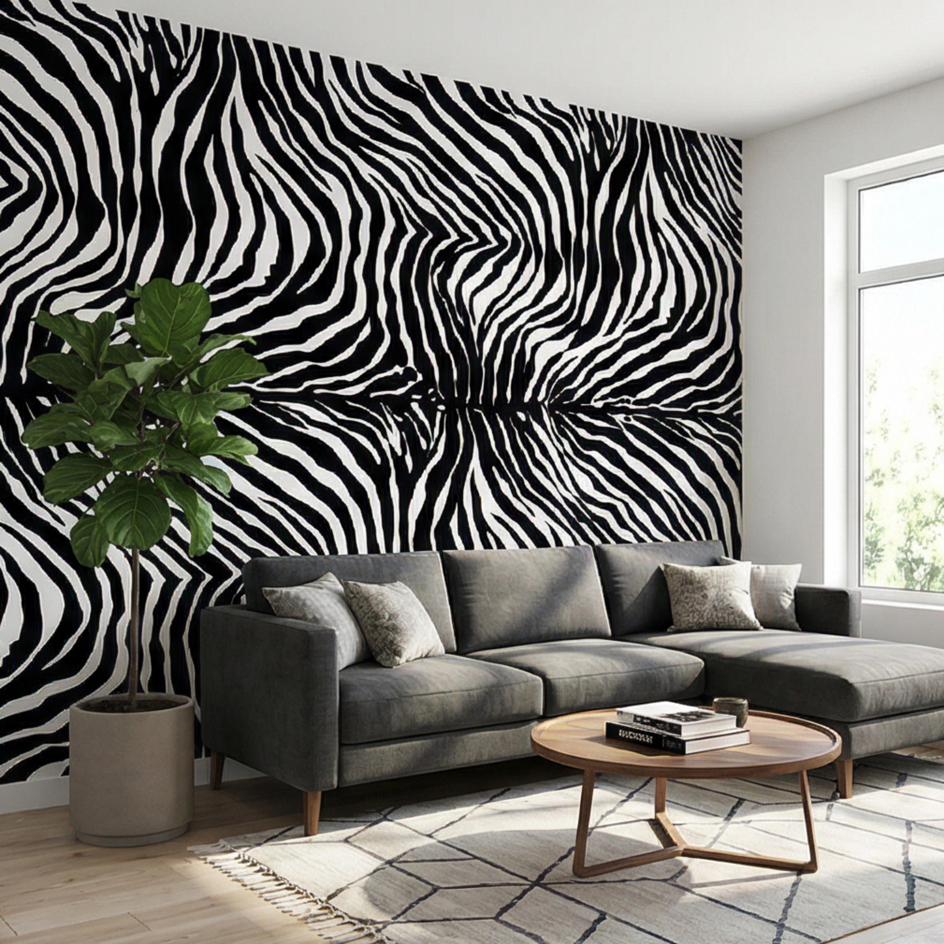 Modern Zebra Print Peel and Stick Wall Mural, Black and White Animal Stripe Pattern, Bold Safari Statement Wall Decor, Bedroom Living Room