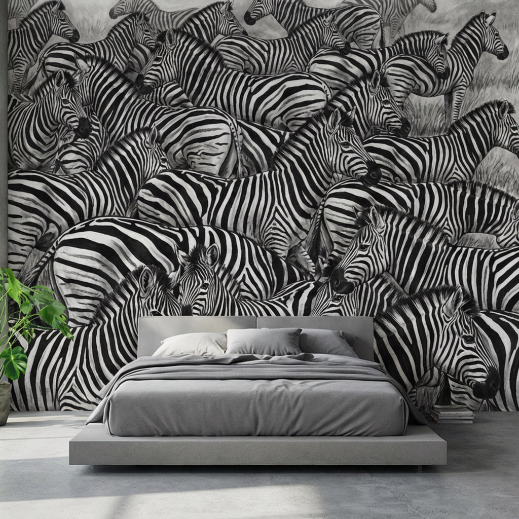 Zebra Herd Peel and Stick Wall Mural, Black and White Safari Animal Illustration Pattern, Bold Monochrome Wildlife Wallpaper