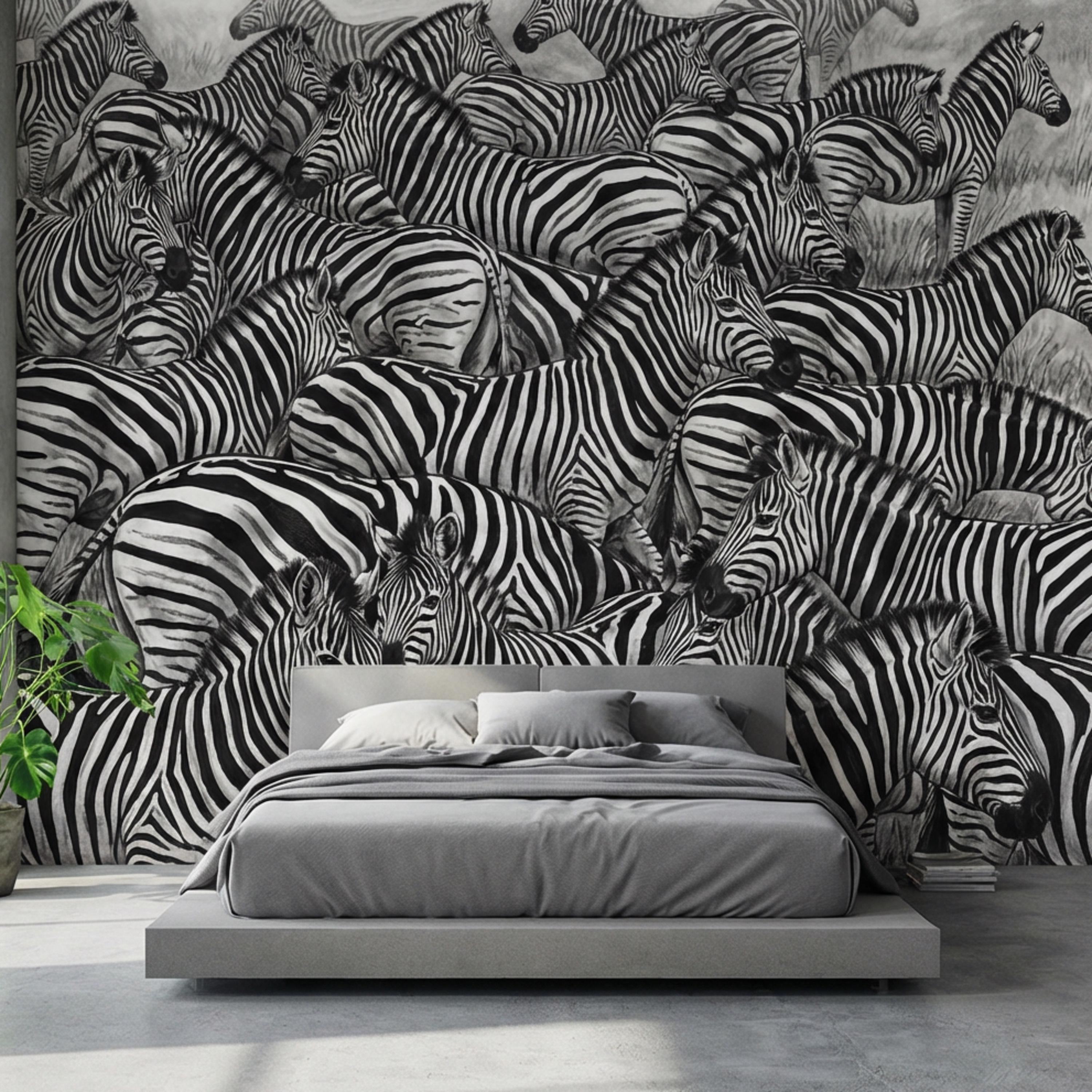 Zebra Herd Peel and Stick Wall Mural, Black and White Safari Animal Illustration Pattern, Bold Monochrome Wildlife Wallpaper
