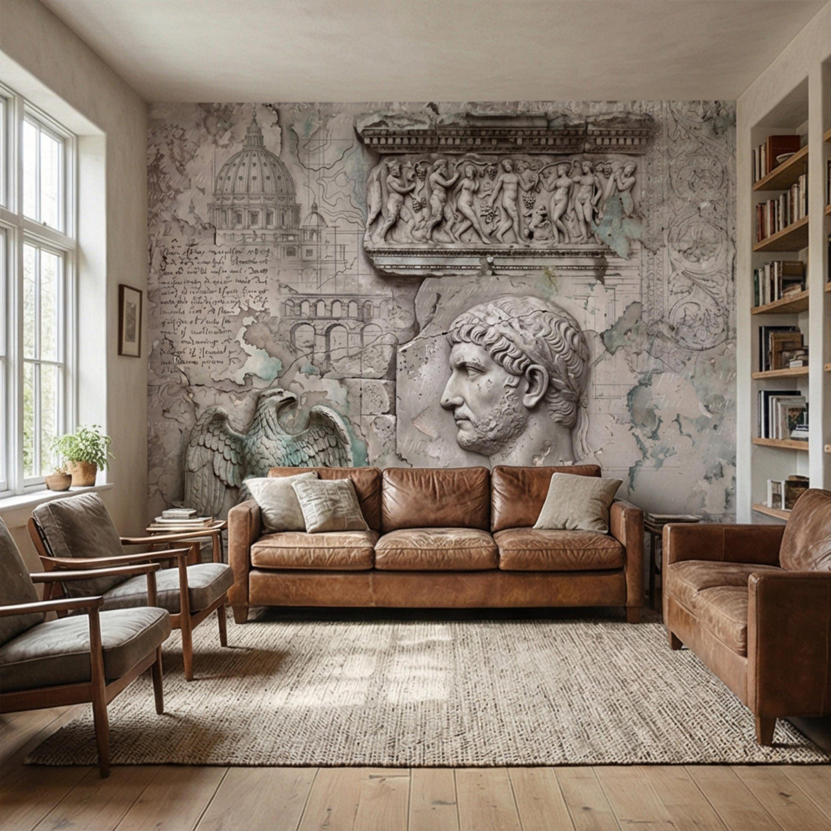 European fresco-style wall mural featuring Roman bust profile and relief facade scenes