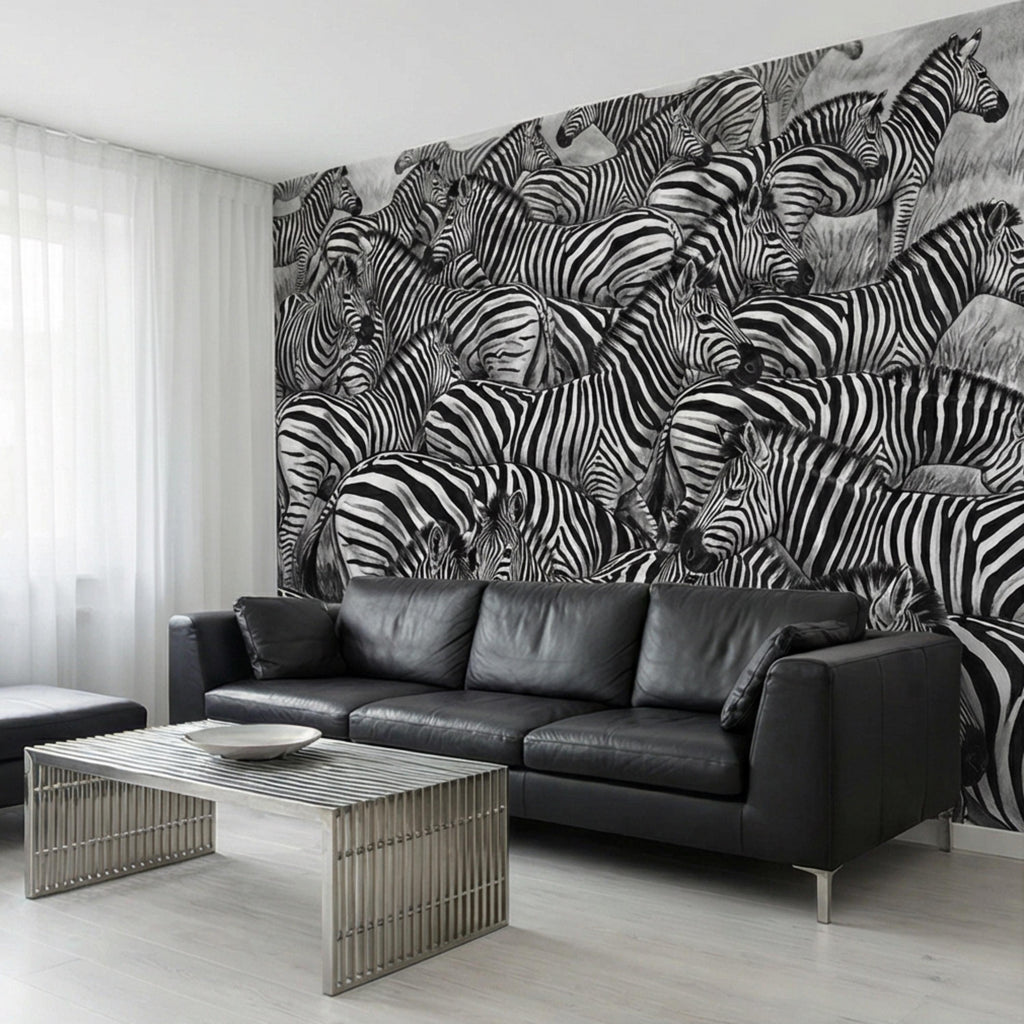 Zebra Herd Peel and Stick Wall Mural, Black and White Safari Animal Illustration Pattern, Bold Monochrome Wildlife Wallpaper