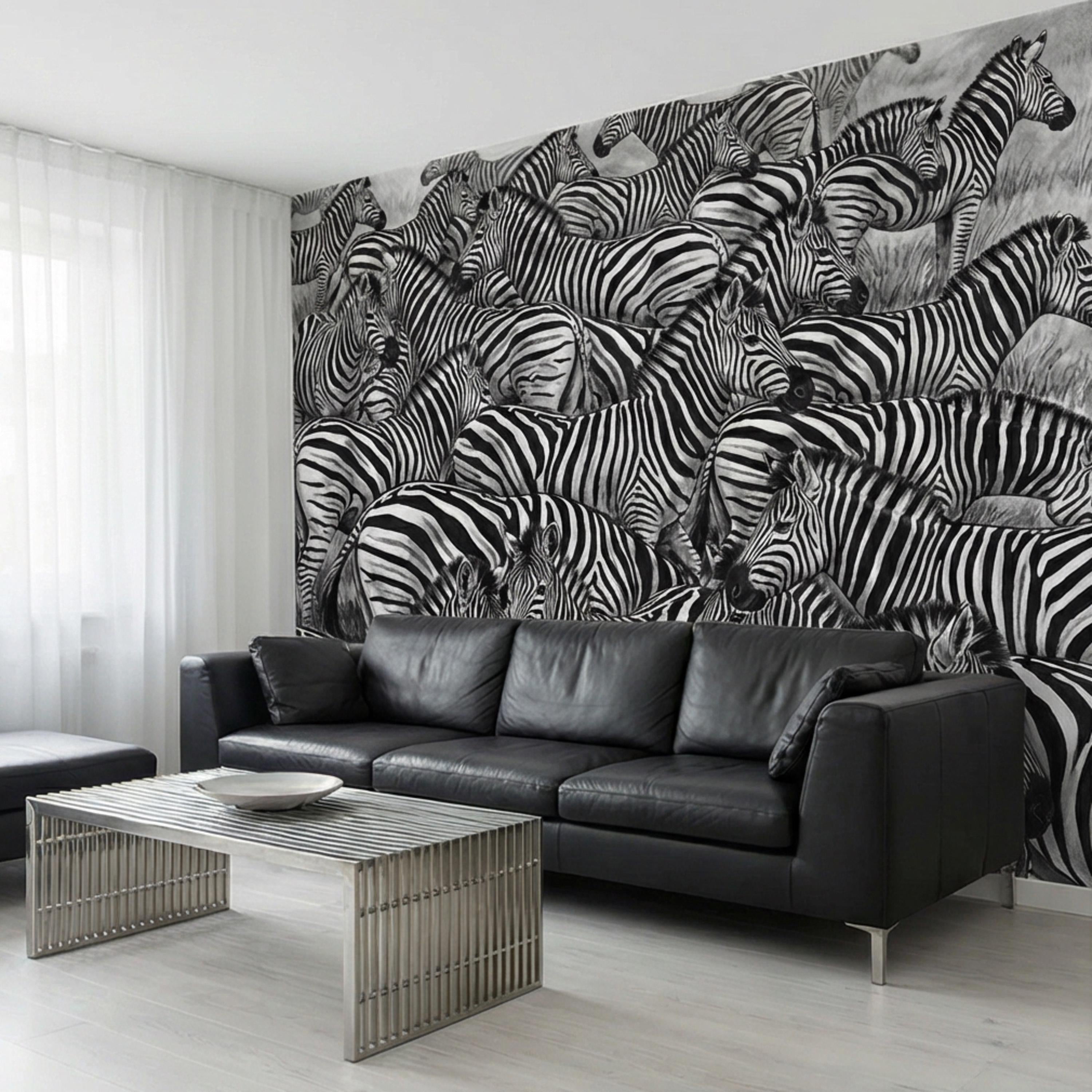 Zebra Herd Peel and Stick Wall Mural, Black and White Safari Animal Illustration Pattern, Bold Monochrome Wildlife Wallpaper