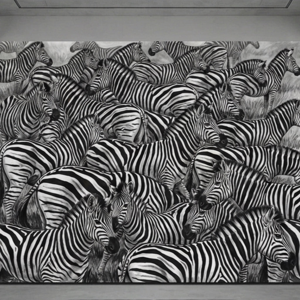 Zebra Herd Peel and Stick Wall Mural, Black and White Safari Animal Illustration Pattern, Bold Monochrome Wildlife Wallpaper