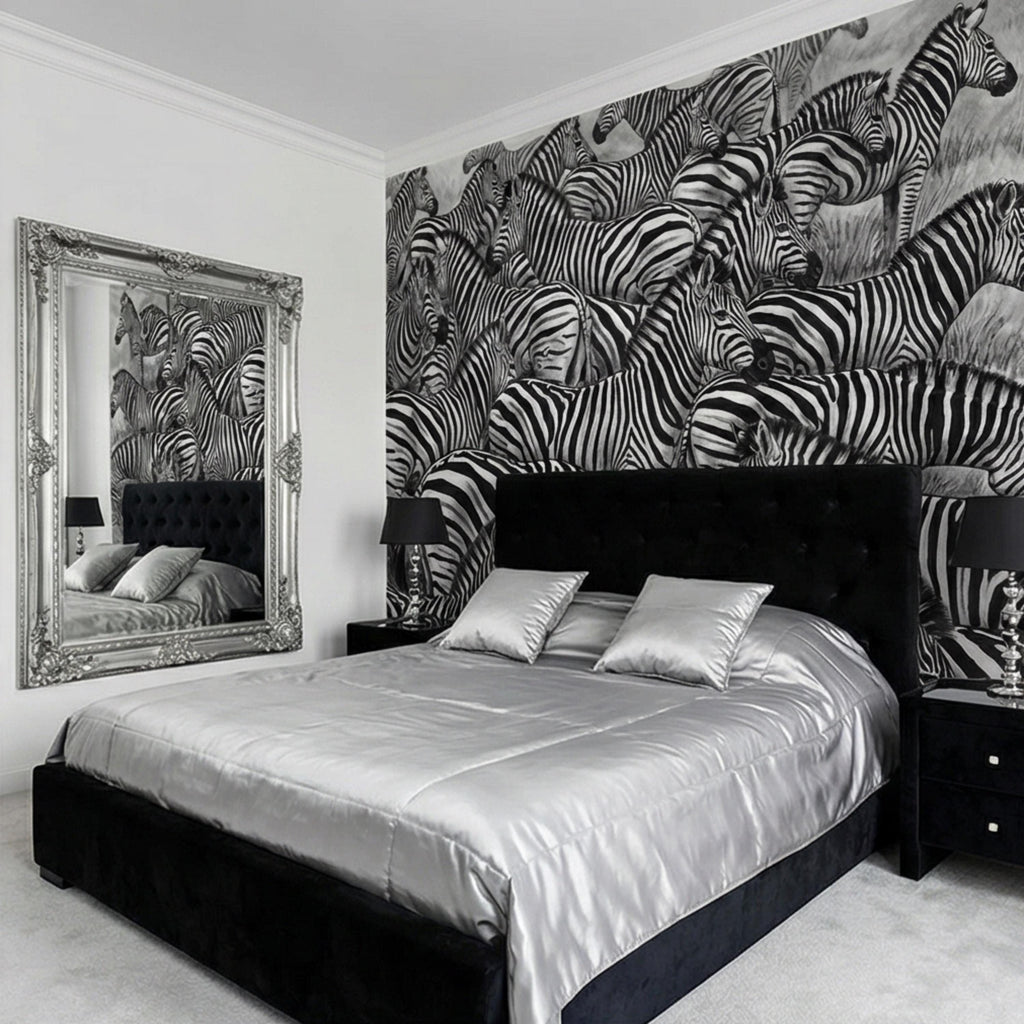 Zebra Herd Peel and Stick Wall Mural, Black and White Safari Animal Illustration Pattern, Bold Monochrome Wildlife Wallpaper