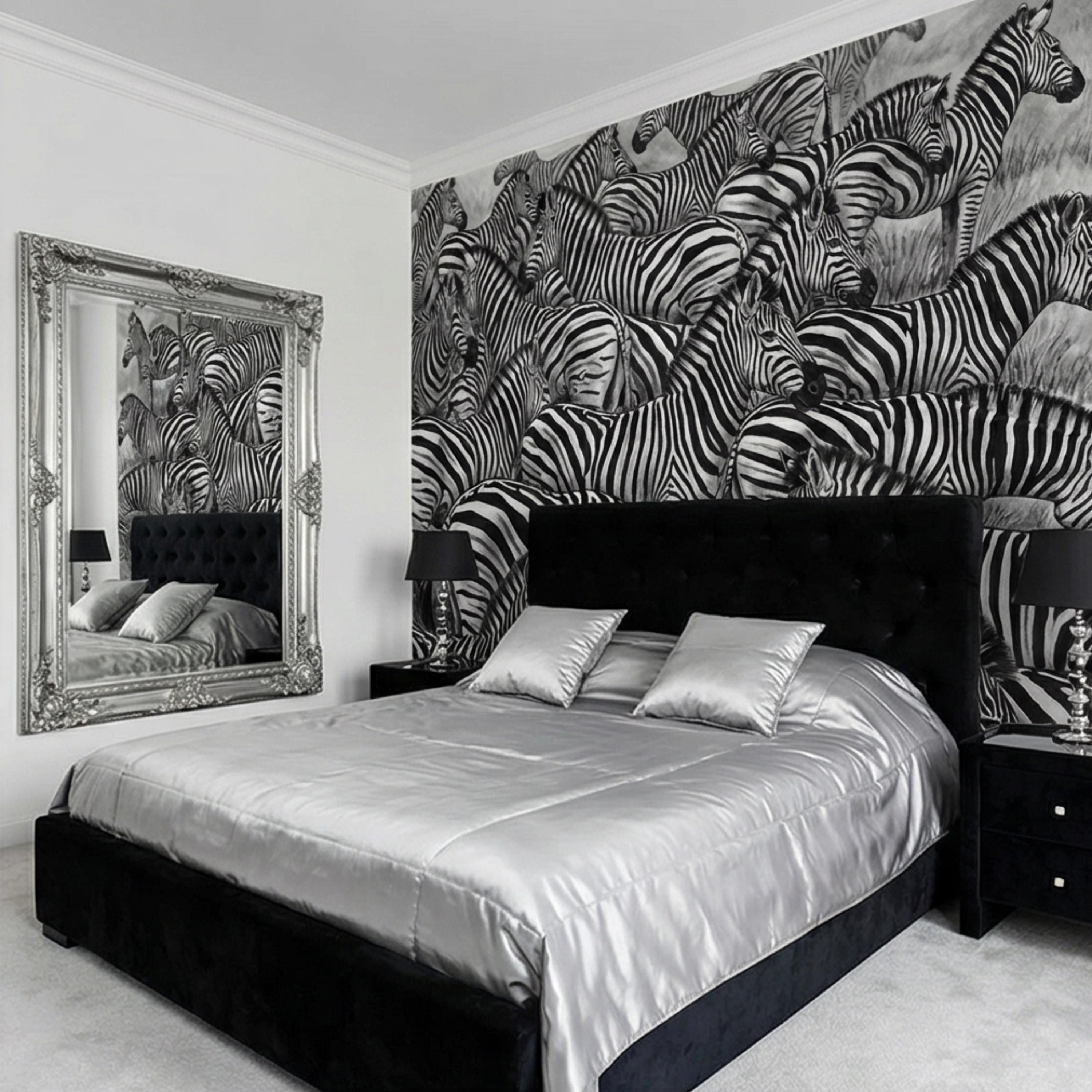Zebra Herd Peel and Stick Wall Mural, Black and White Safari Animal Illustration Pattern, Bold Monochrome Wildlife Wallpaper