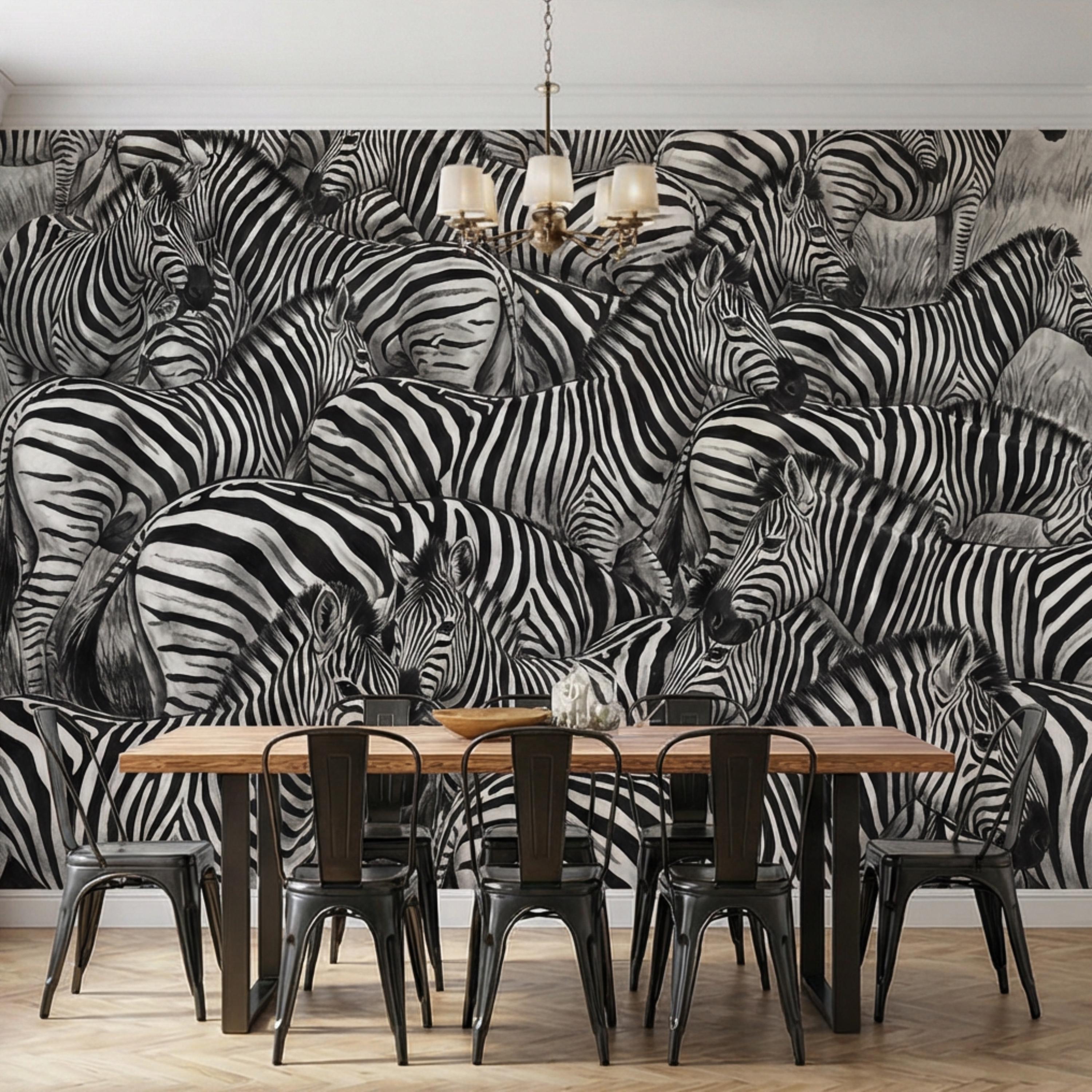 Zebra Herd Peel and Stick Wall Mural, Black and White Safari Animal Illustration Pattern, Bold Monochrome Wildlife Wallpaper