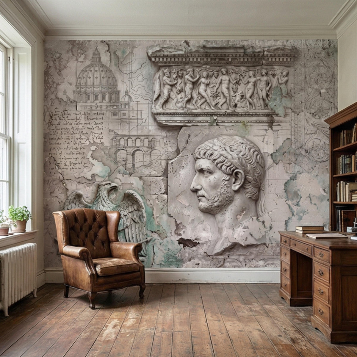 Ancient Roman bust wall mural with stone relief bas-relief frieze and map accents
