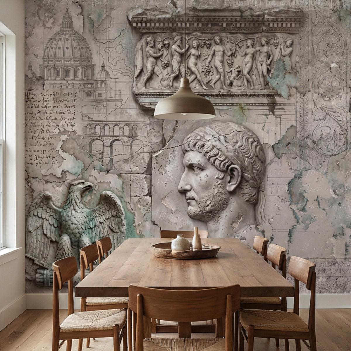 Classical monument bust wall mural with sculpted frieze above and map-style details