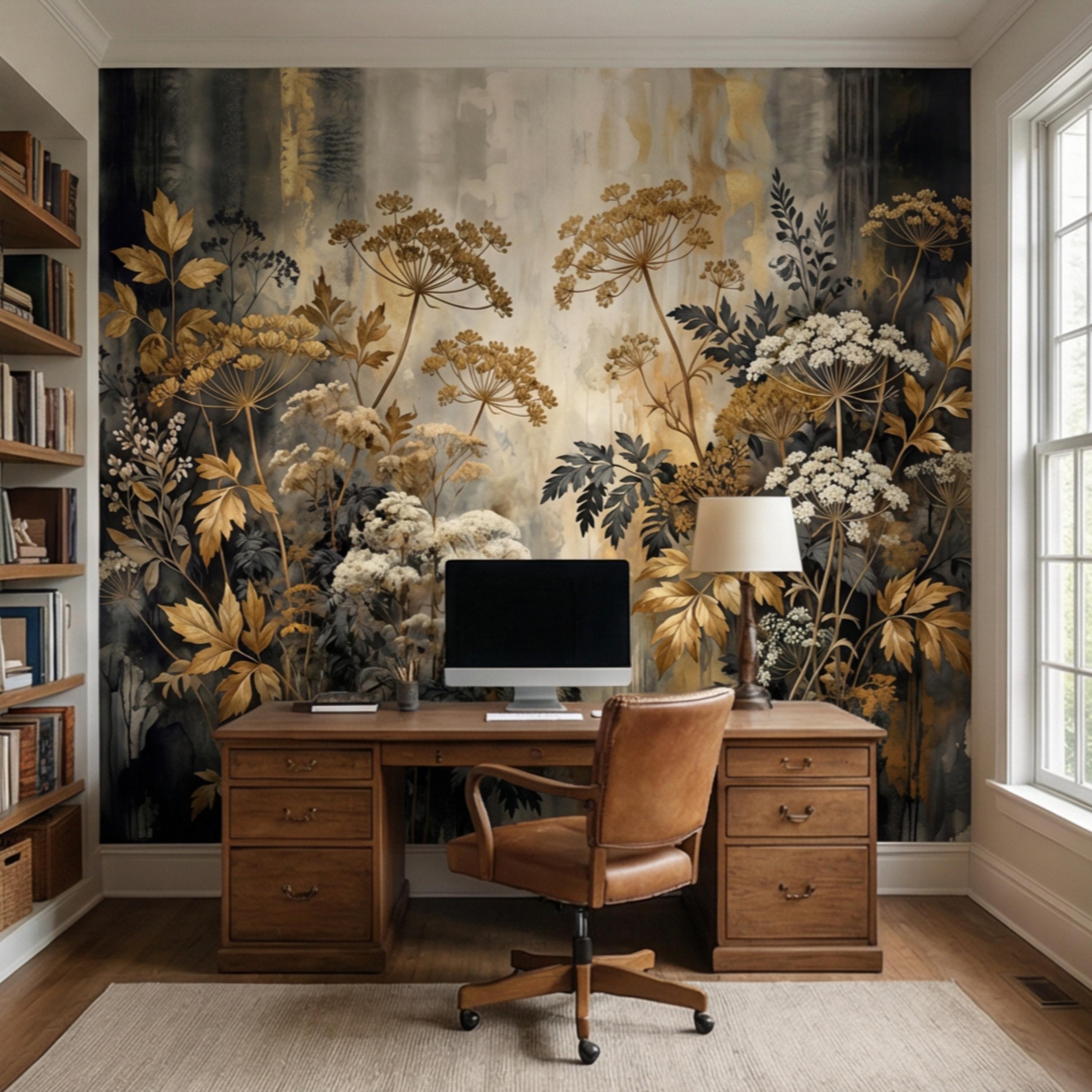 Moody Neutral Luxury Dark Floral Peel and Stick Wall Mural, Antique Botanical Wallpaper, Elegant Textured Garden Wall Decor