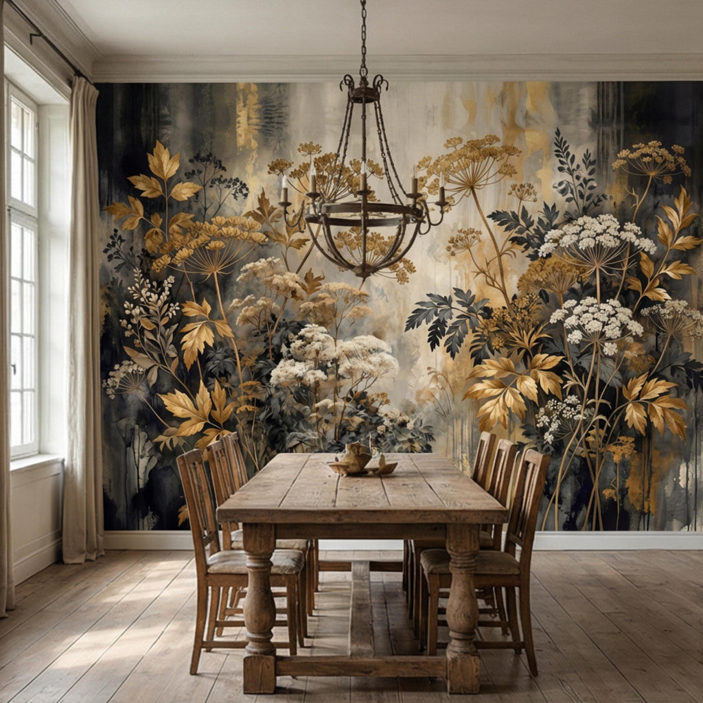 Moody Neutral Luxury Dark Floral Peel and Stick Wall Mural, Antique Botanical Wallpaper, Elegant Textured Garden Wall Decor