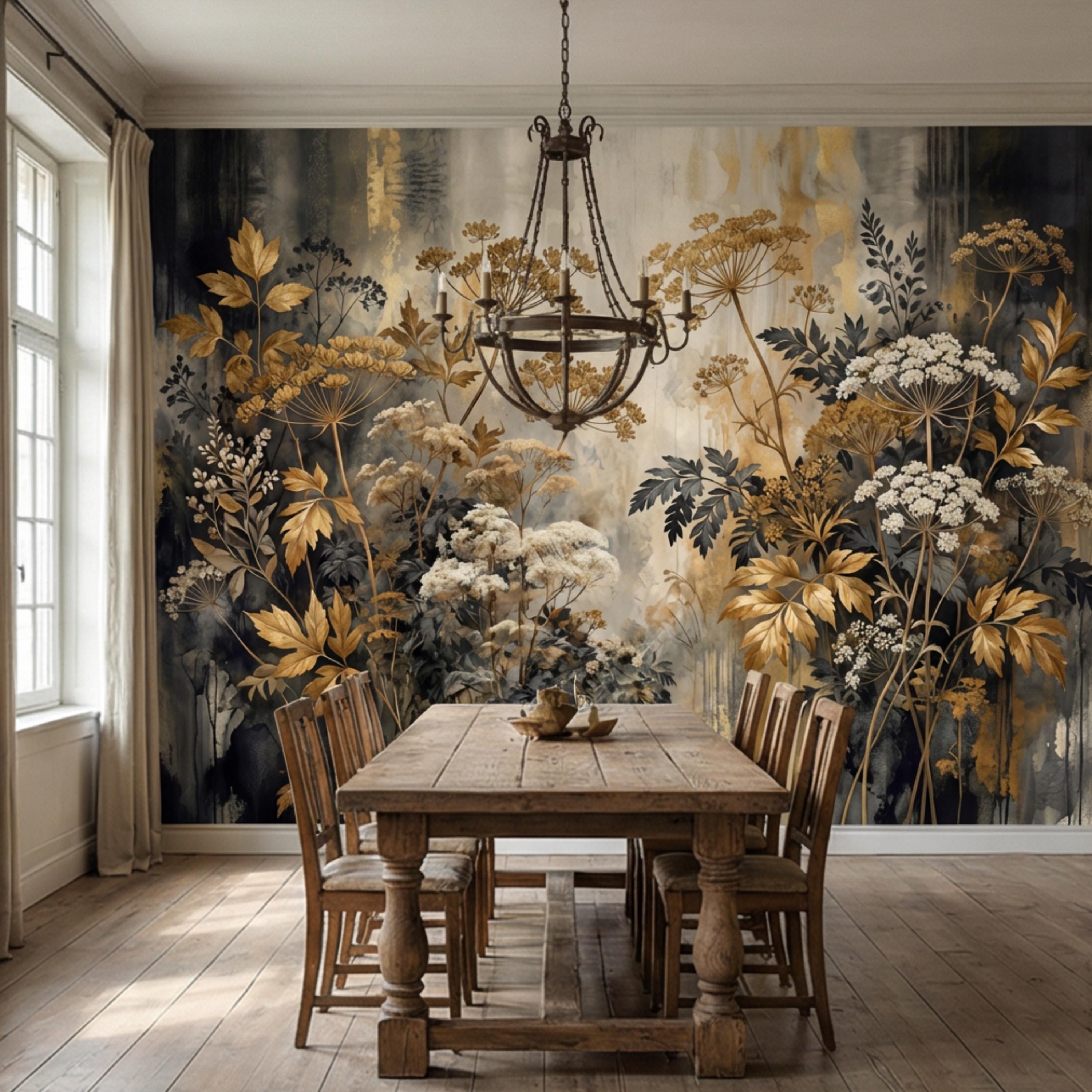 Moody Neutral Luxury Dark Floral Peel and Stick Wall Mural, Antique Botanical Wallpaper, Elegant Textured Garden Wall Decor