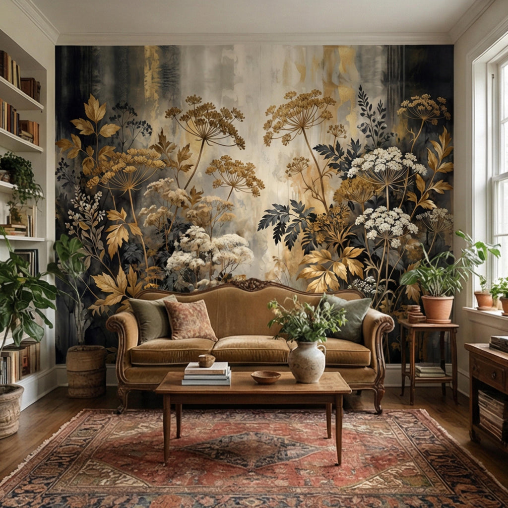 Moody Neutral Luxury Dark Floral Peel and Stick Wall Mural, Antique Botanical Wallpaper, Elegant Textured Garden Wall Decor