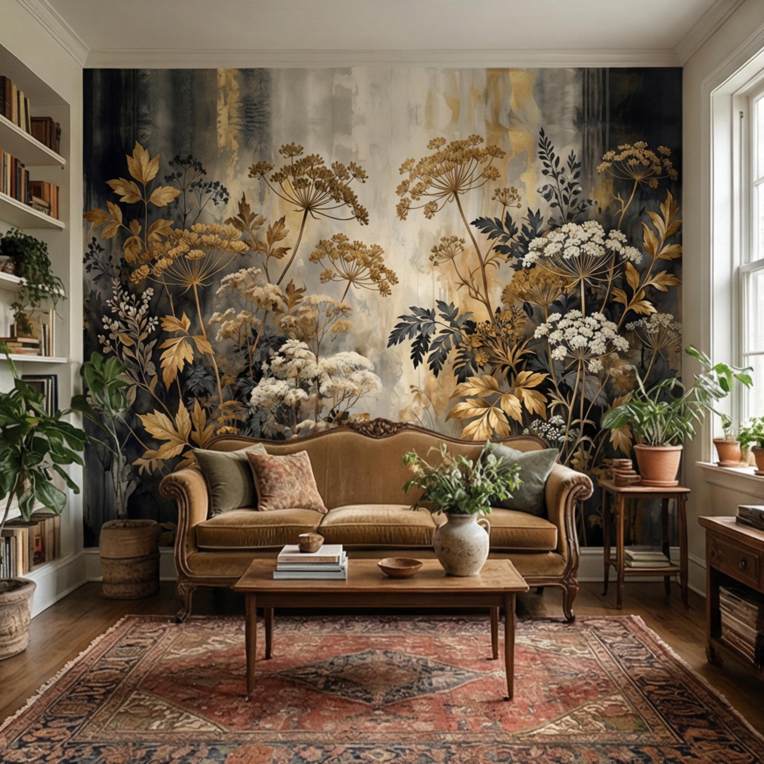 Moody Neutral Luxury Dark Floral Peel and Stick Wall Mural, Antique Botanical Wallpaper, Elegant Textured Garden Wall Decor