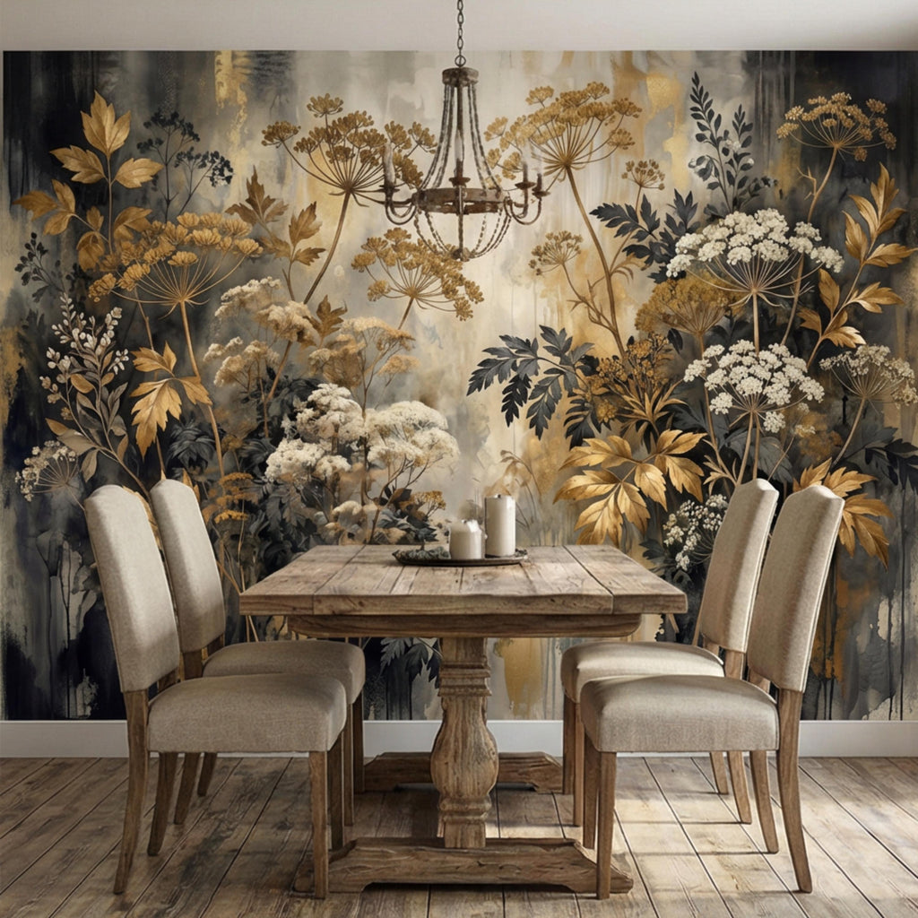 Moody Neutral Luxury Dark Floral Peel and Stick Wall Mural, Antique Botanical Wallpaper, Elegant Textured Garden Wall Decor