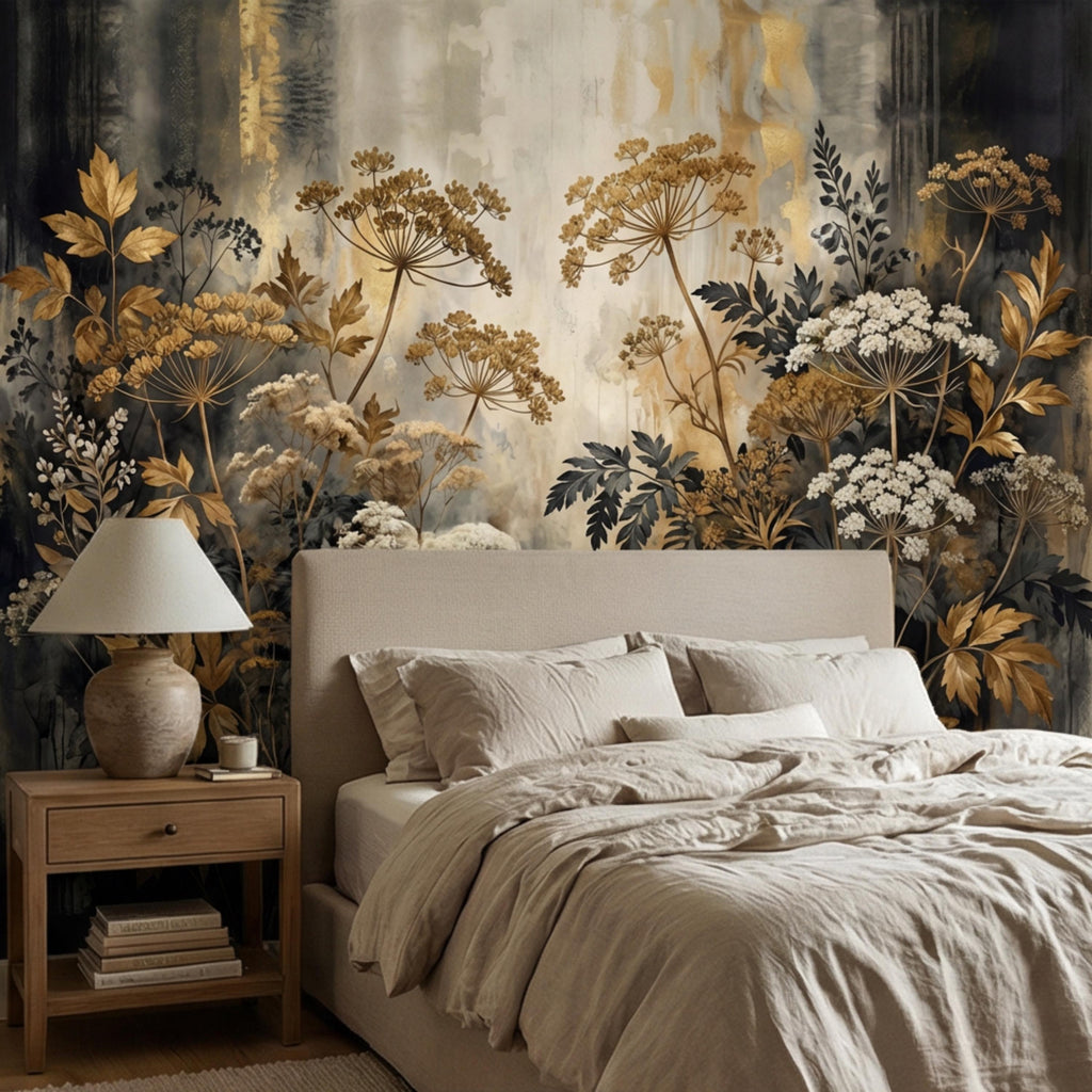 Moody Neutral Luxury Dark Floral Peel and Stick Wall Mural, Antique Botanical Wallpaper, Elegant Textured Garden Wall Decor