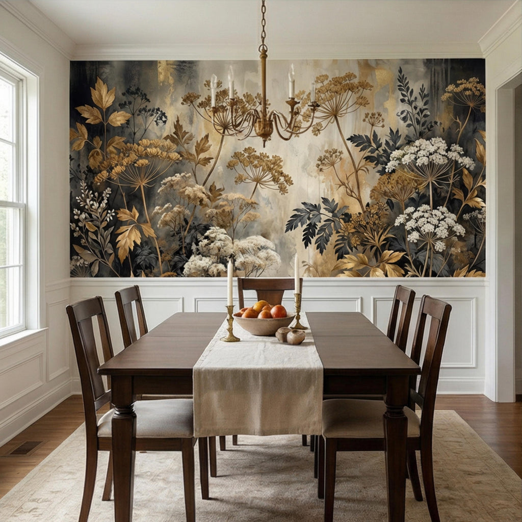 Moody Neutral Luxury Dark Floral Peel and Stick Wall Mural, Antique Botanical Wallpaper, Elegant Textured Garden Wall Decor