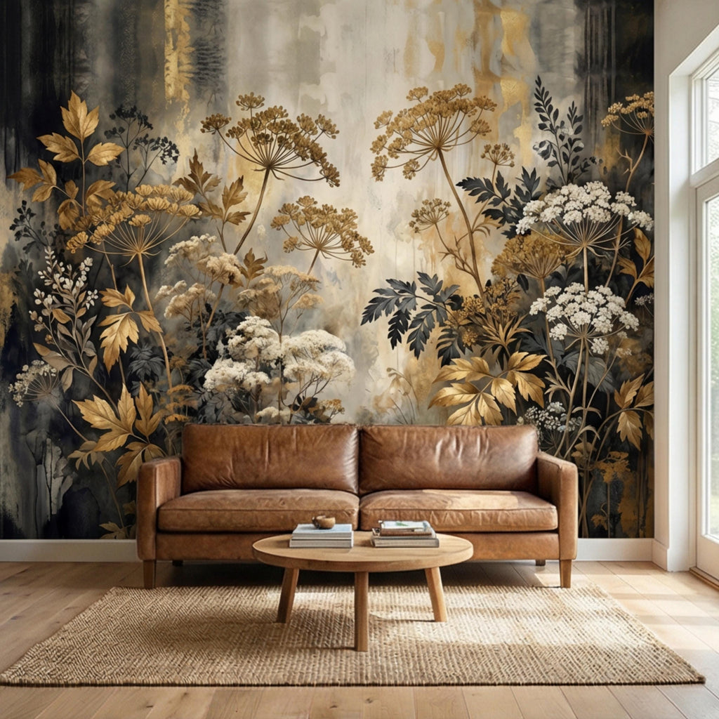 Moody Neutral Luxury Dark Floral Peel and Stick Wall Mural, Antique Botanical Wallpaper, Elegant Textured Garden Wall Decor