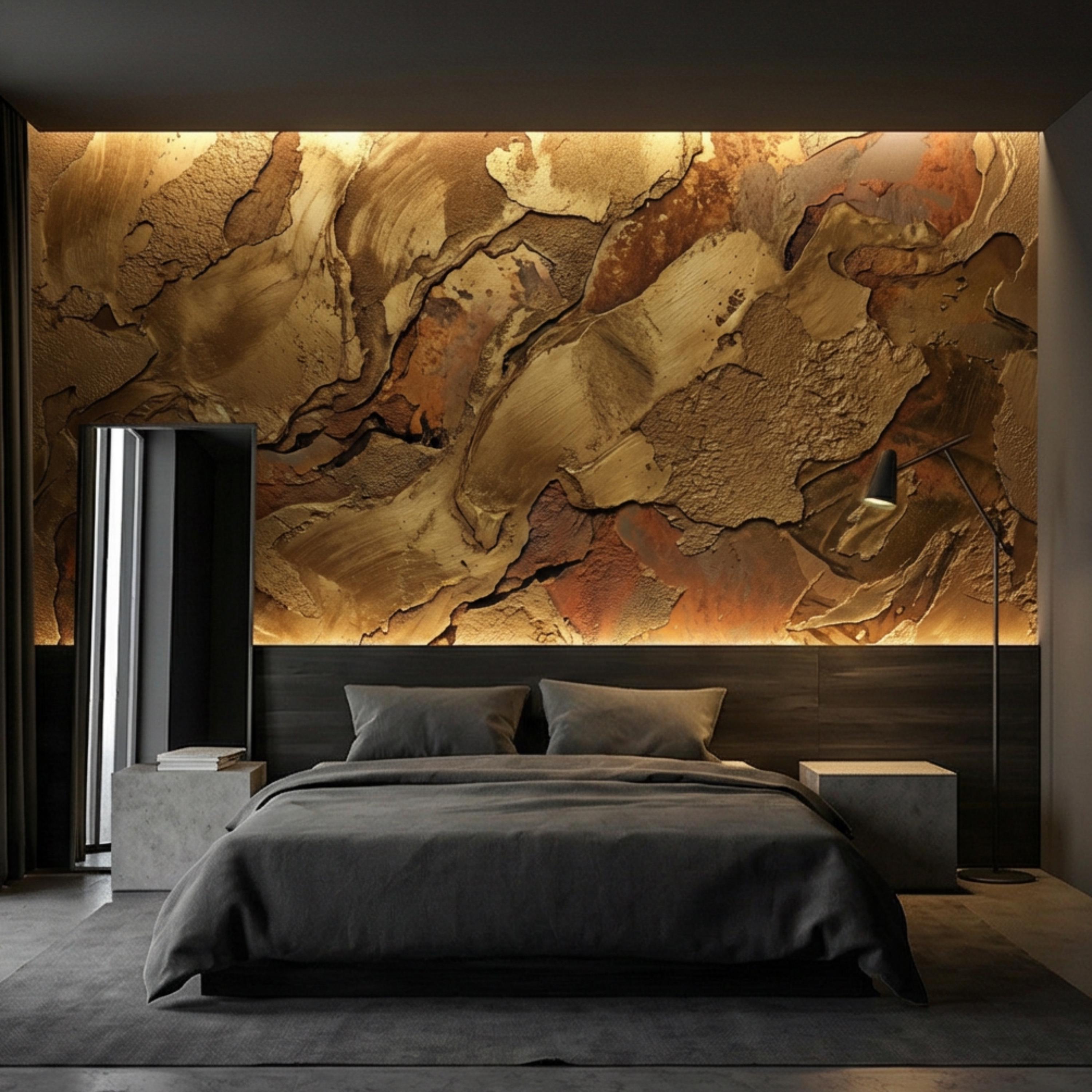 Gold Textured Peel and Stick Wall Mural, Industrial Plaster Wallpaper, Rust Patina Abstract Wall Decor
