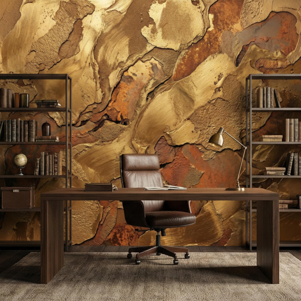 Gold Textured Peel and Stick Wall Mural, Industrial Plaster Wallpaper, Rust Patina Abstract Wall Decor