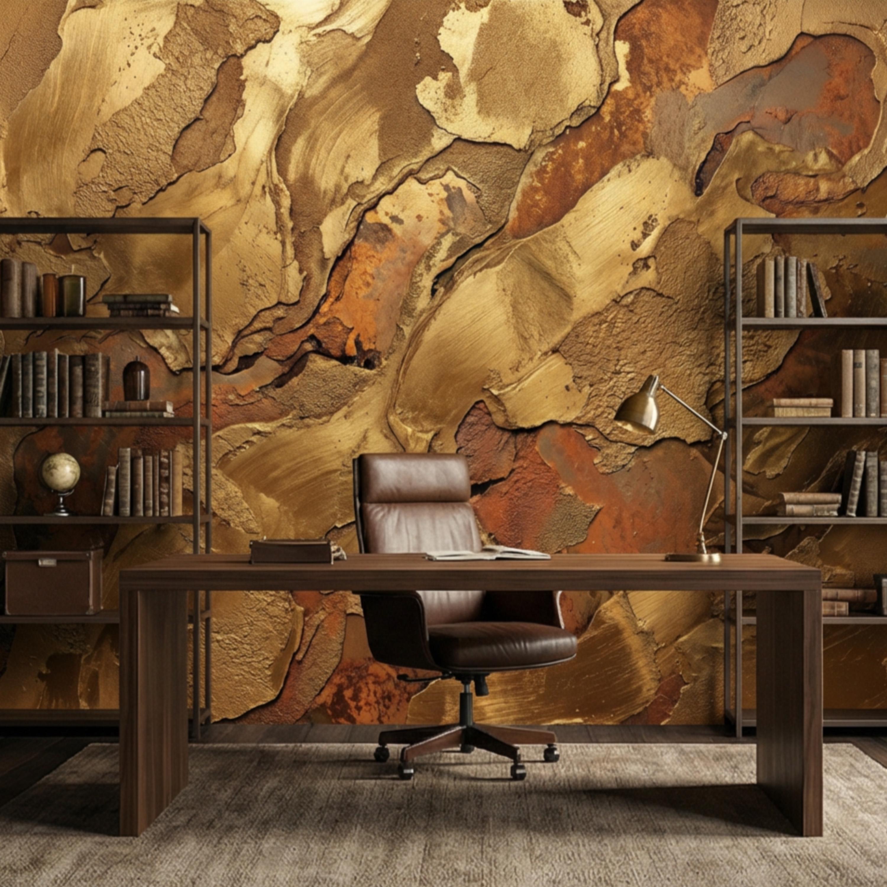Gold Textured Peel and Stick Wall Mural, Industrial Plaster Wallpaper, Rust Patina Abstract Wall Decor