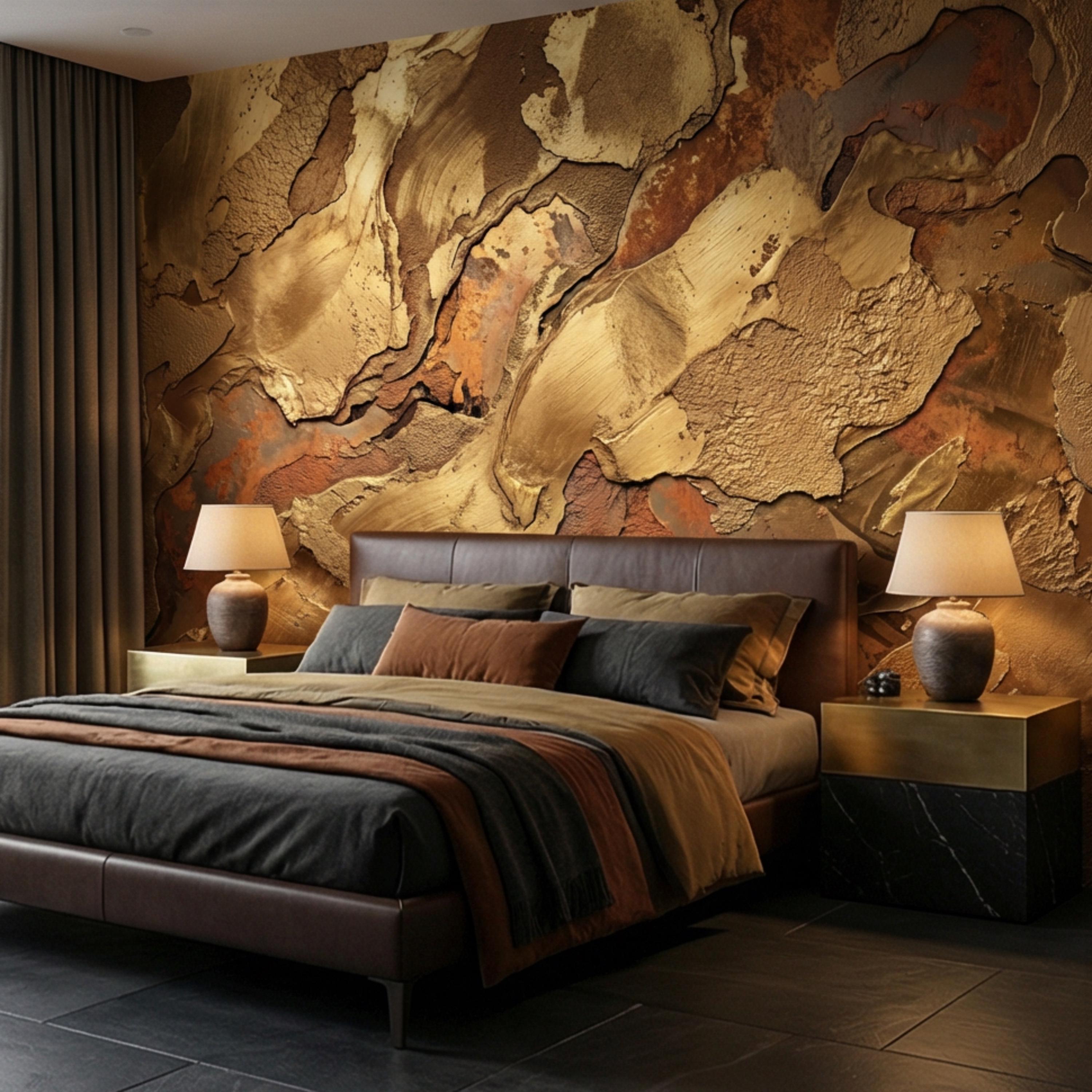 Gold Textured Peel and Stick Wall Mural, Industrial Plaster Wallpaper, Rust Patina Abstract Wall Decor