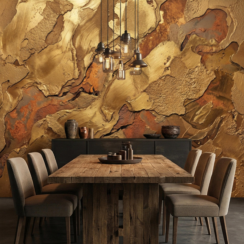 Gold Textured Peel and Stick Wall Mural, Industrial Plaster Wallpaper, Rust Patina Abstract Wall Decor