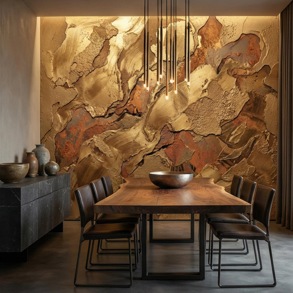 Gold Textured Peel and Stick Wall Mural, Industrial Plaster Wallpaper, Rust Patina Abstract Wall Decor