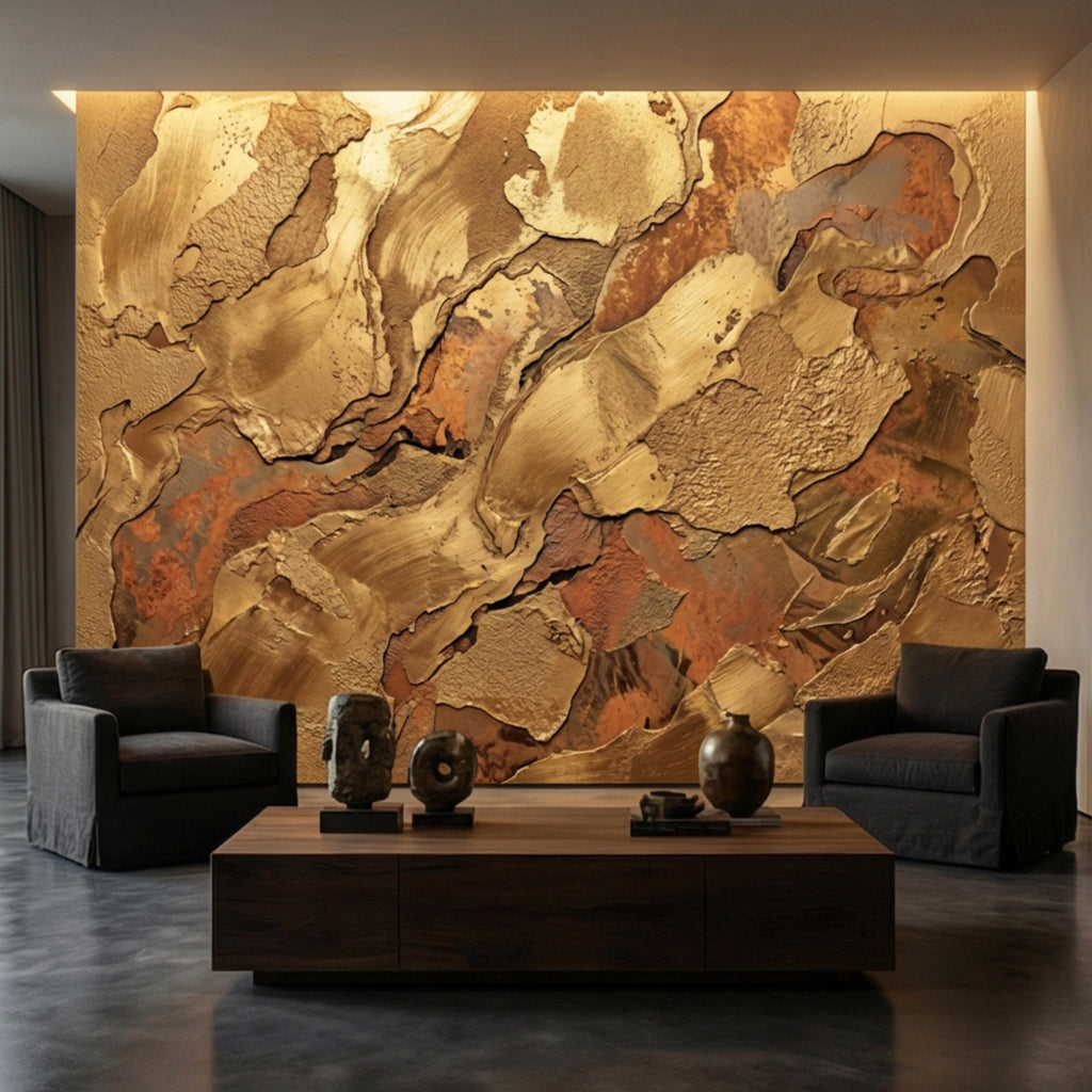 Gold Textured Peel and Stick Wall Mural, Industrial Plaster Wallpaper, Rust Patina Abstract Wall Decor