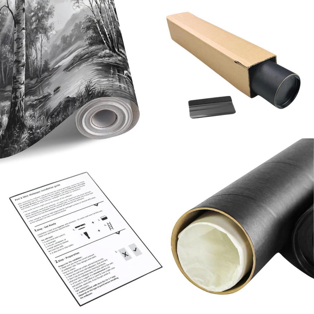 Black and White Birch Forest Peel and Stick Wall Mural, Misty River Landscape Wallpaper, Monochrome Nature Wall Decor