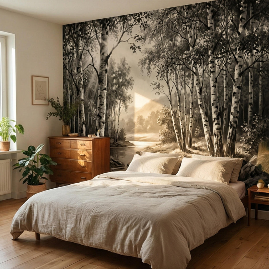 Black and White Birch Forest Peel and Stick Wall Mural, Misty River Landscape Wallpaper, Monochrome Nature Wall Decor