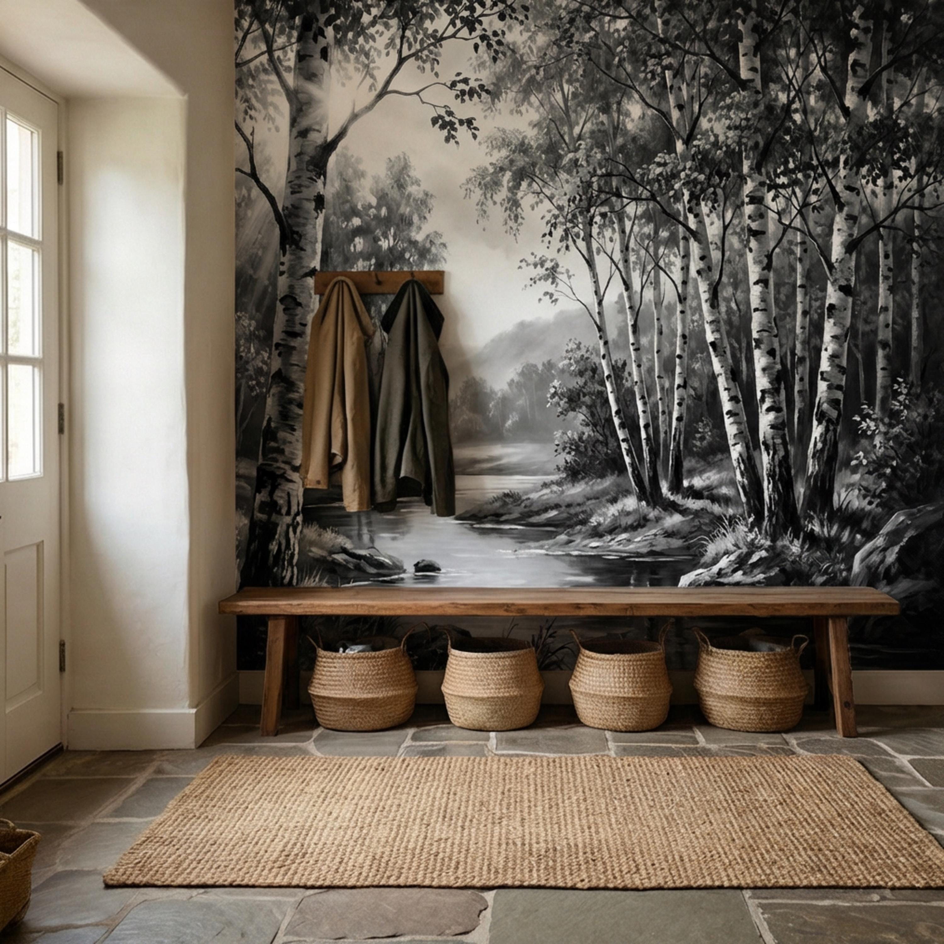 Black and White Birch Forest Peel and Stick Wall Mural, Misty River Landscape Wallpaper, Monochrome Nature Wall Decor