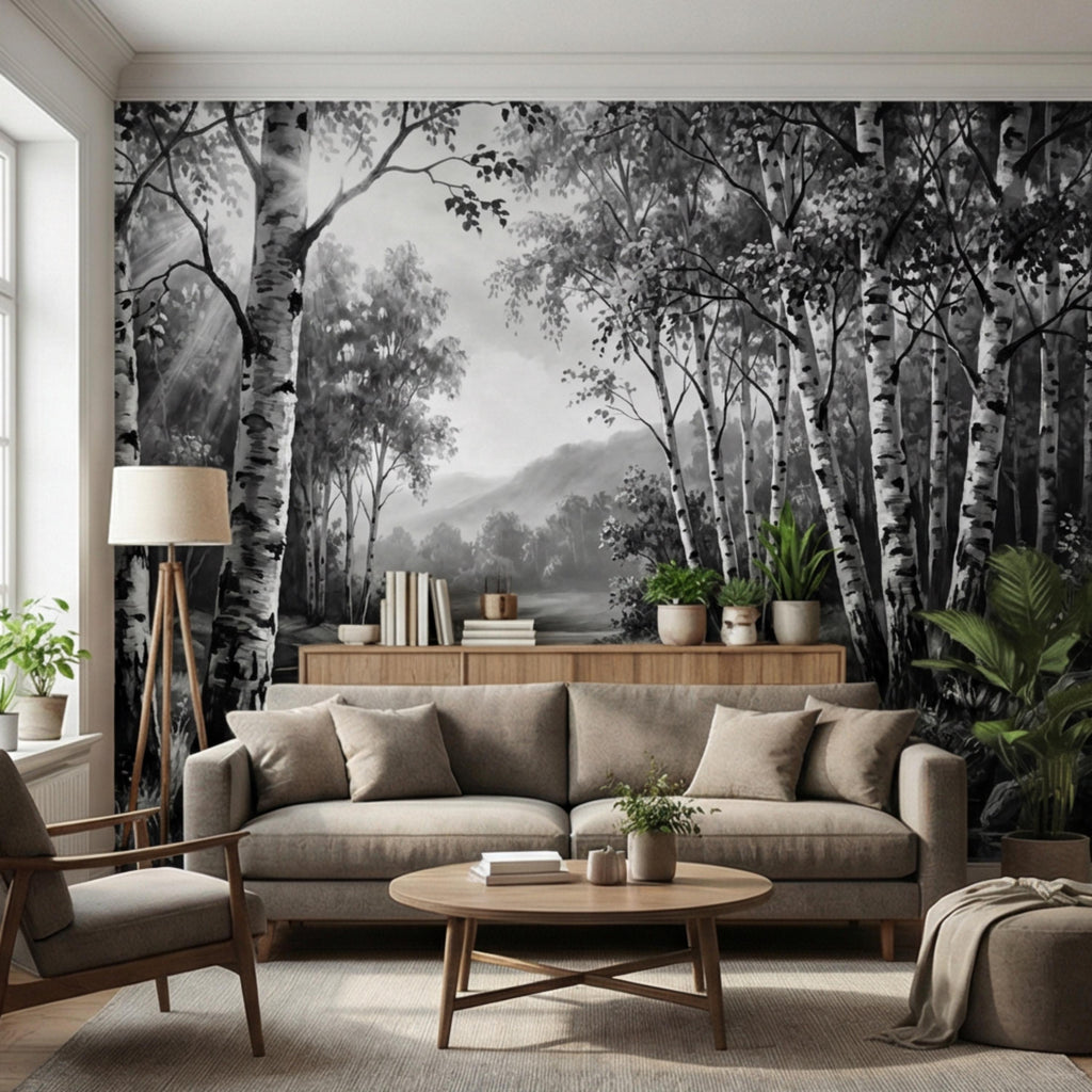 Black and White Birch Forest Peel and Stick Wall Mural, Misty River Landscape Wallpaper, Monochrome Nature Wall Decor
